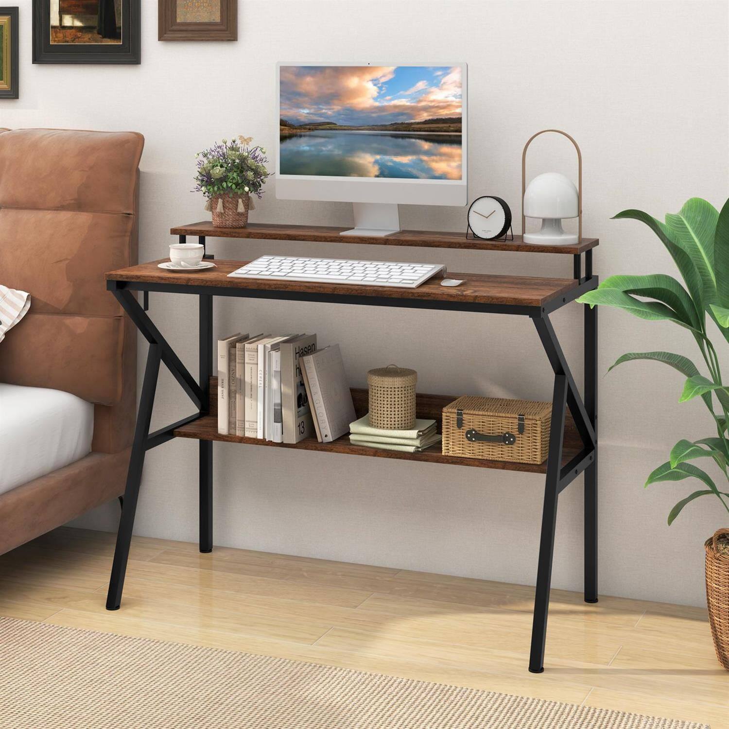 Alt View 3. Pefilos - Space-Saving Computer Desk - Elevated Monitor Stand R-Shaped Frame, Extra Storage Shelf, Work Study, Rustic Brown - Brown.