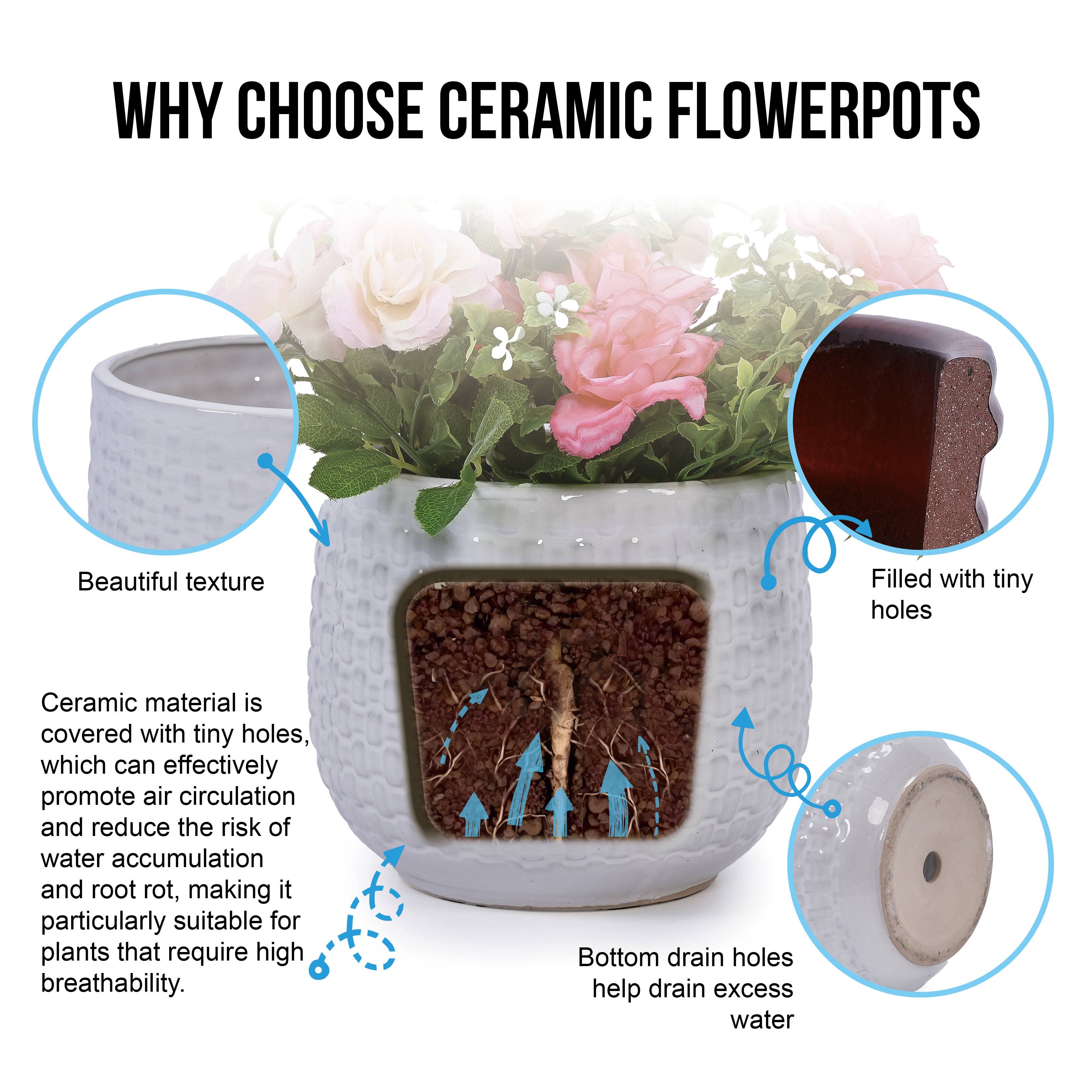 WHY CHOOSE CERAMIC FLOWER POTS

Beautiful texture

Ceramic material is covered with tiny holes, which can effectively promote air circulation and reduce the risk of water accumulation and root rot, making it particularly suitable for plants that require high breathability.

Filled with tiny holes

Bottom drain holes help drain excess water