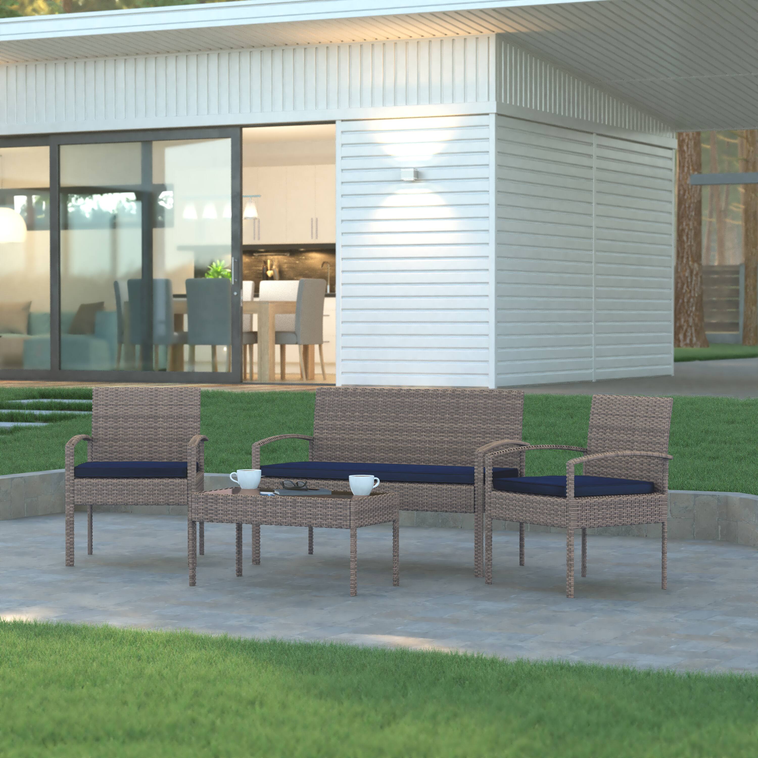 Alt View 1. Emma + Oliver - 4 Piece Patio Set with Steel Frame and Cushions - Outdoor Seating - Navy Cushions/Light Gray Frame.
