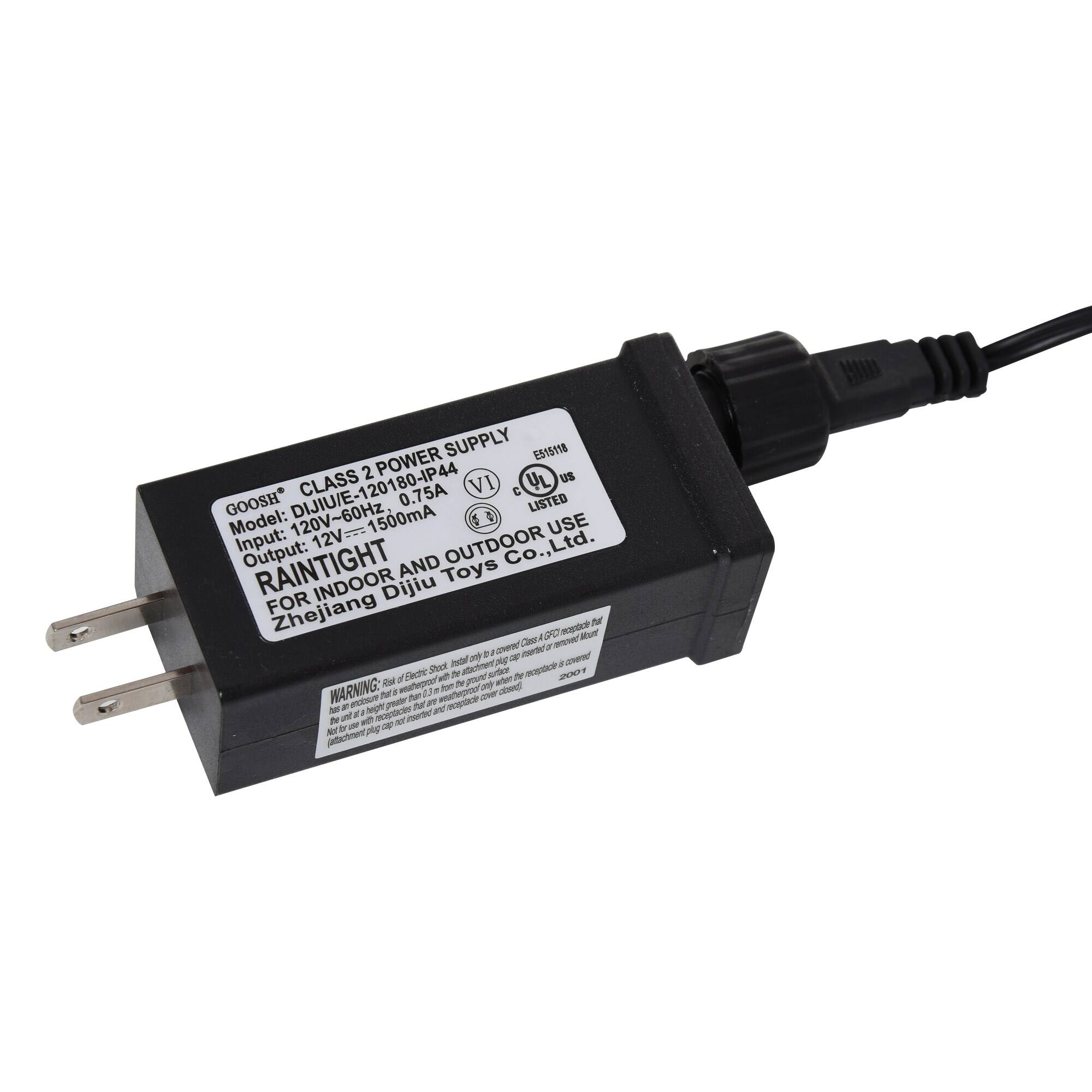GOOSER® CLASS 2 POWER SUPPLY  
Model: DJJUE-120180JP44  
120V~60Hz, 0.75A  
Input: 12V  
Output: 1500mA  

RAINTIGHT AND OUTDOOR USE  
FOR INDOOR AND OUTDOOR  
Zhejiang Diji Toys Co., Ltd.  

WARNING:  
- Use only with Class 2 wiring.  
- Install only in a Class 2 enclosure.  
- Do not install in a hazardous location.  
- Do not install in a location where it may be exposed to water.  
- Do not install in a location where it may be exposed to dust.  
- Do not install in a location where it may be exposed to corrosive gases.  
- Do not install in a location where it may be exposed to explosive gases.  
- Do not install in a location where it may be exposed to explosive dust.  
- Do not install in a location where it may be exposed to explosive fibers.  
- Do not install in a location where it may be exposed to explosive dust.  
- Do not install in a location where it may be exposed to explosive fibers.