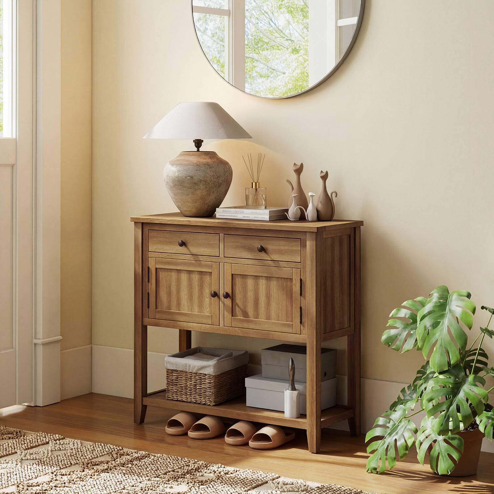 Alt View 4. Costway - Costway Mid-Century Console Table with 2 Drawers, 2 Cabinets & Bottom Shelf for Hallway - Brown.