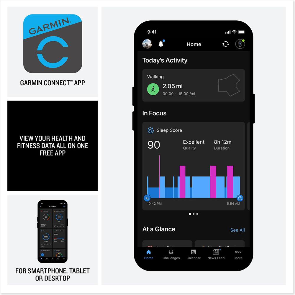 GARMIN CONNECT APP

VIEW YOUR HEALTH AND FITNESS DATA ALL ON ONE FREE APP

FOR SMARTPHONE, TABLET OR DESKTOP

9:41 Home Today's Activity Walking 2.05 mi 30:00 15:00/mi

In Focus VIEW YOUR HEALTH AND FITNESS DATA ALL ON ONE FREE APP

Sleep Score Excellent 8h 12m 90 Quality Duration

At a Glance See All

Home Challenges Calendar News Feed More