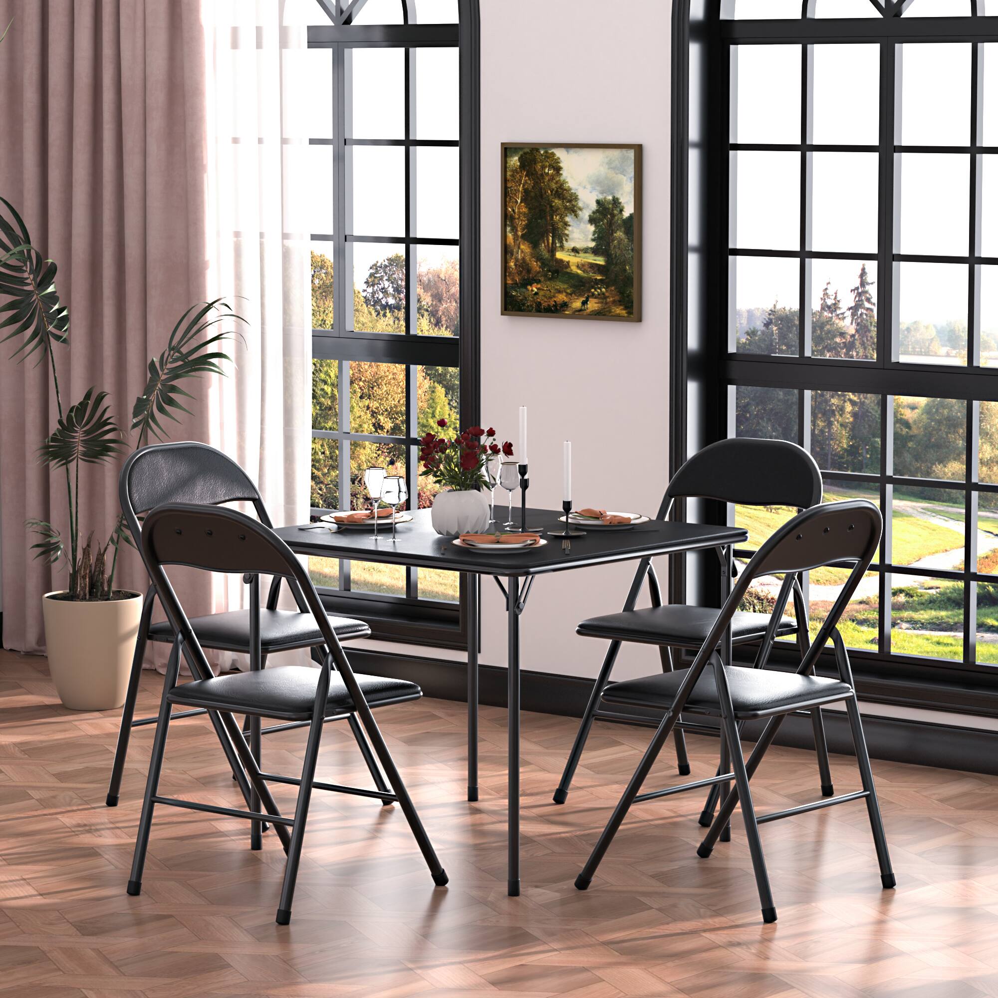 Back. Vecelo - 5-Piece Folding Card Table and Chairs Set, Portable Square Game Table with Padded Vinyl Top and 4 Foldable Chairs - Black.