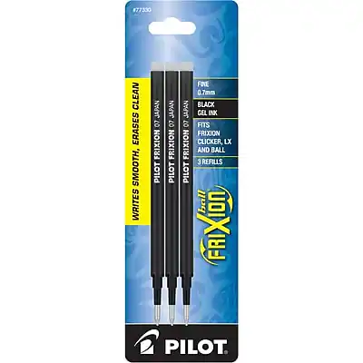 #77330
WRITES SMOOTH, ERASES CLEAN
PILOT FRIXION
0.7mm BLACK
FINE
WRITES SMOOTH, ERASES CLEAN
PILOT FRIXION
FITS FRIXION CLICKER, LX AND BALL
3 REFILLS
PILOT