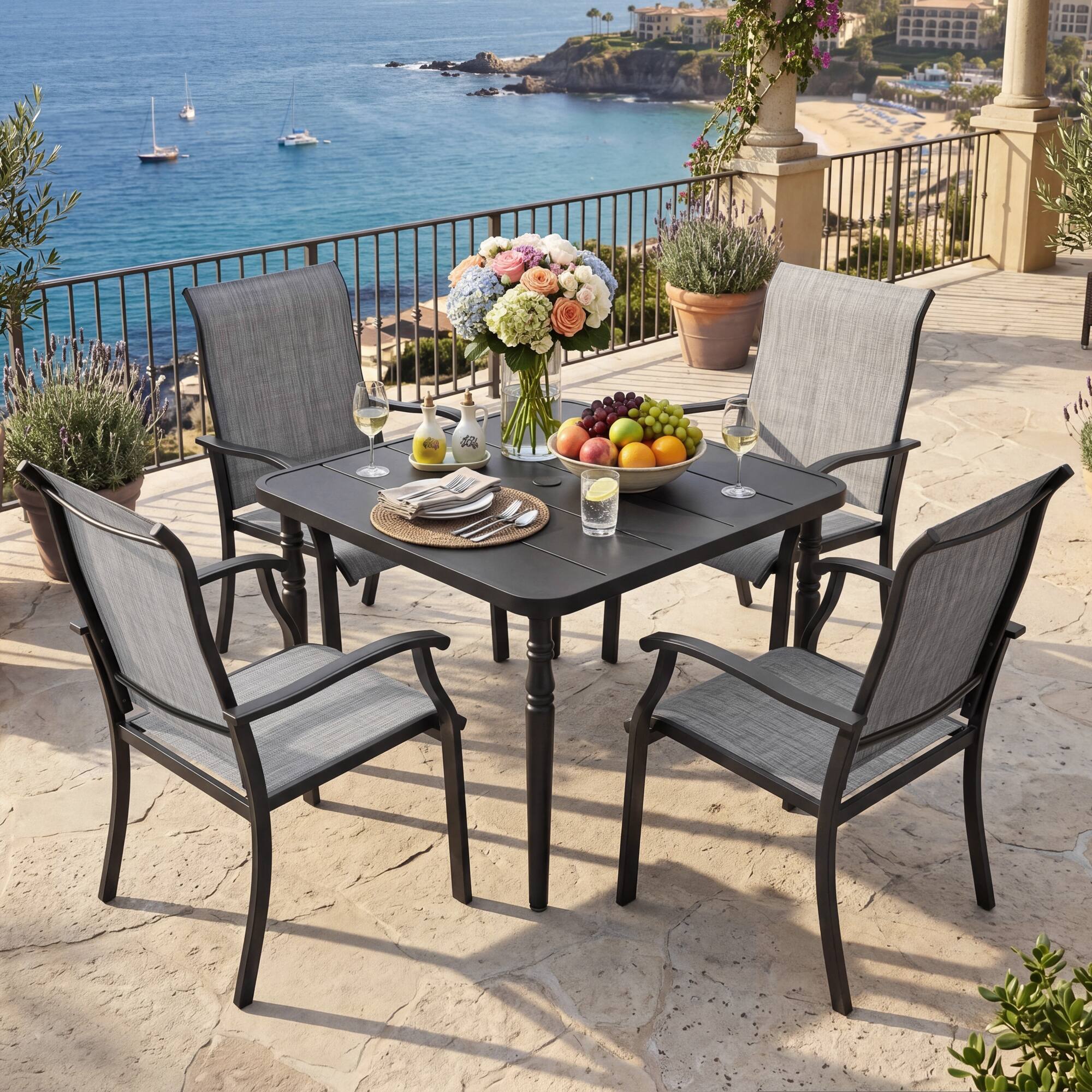 Angle. Nuu Garden - 5-Piece Patio Textilene Dining Set with Umbrella Hole, Powder Coating - Black and Gray.