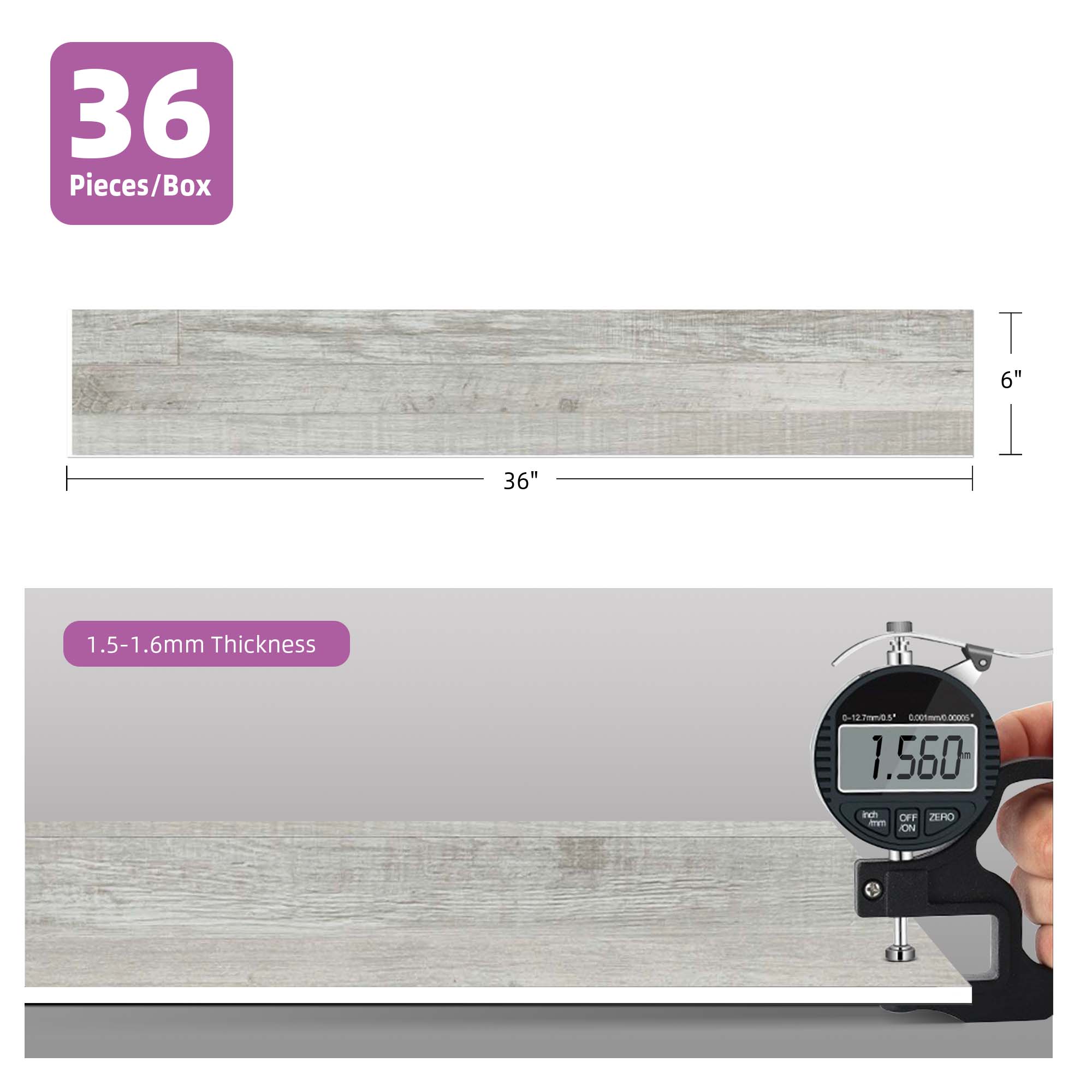 36 Pieces/Box  
6" x 36"  
1.5-1.6mm Thickness  
1.560 mm