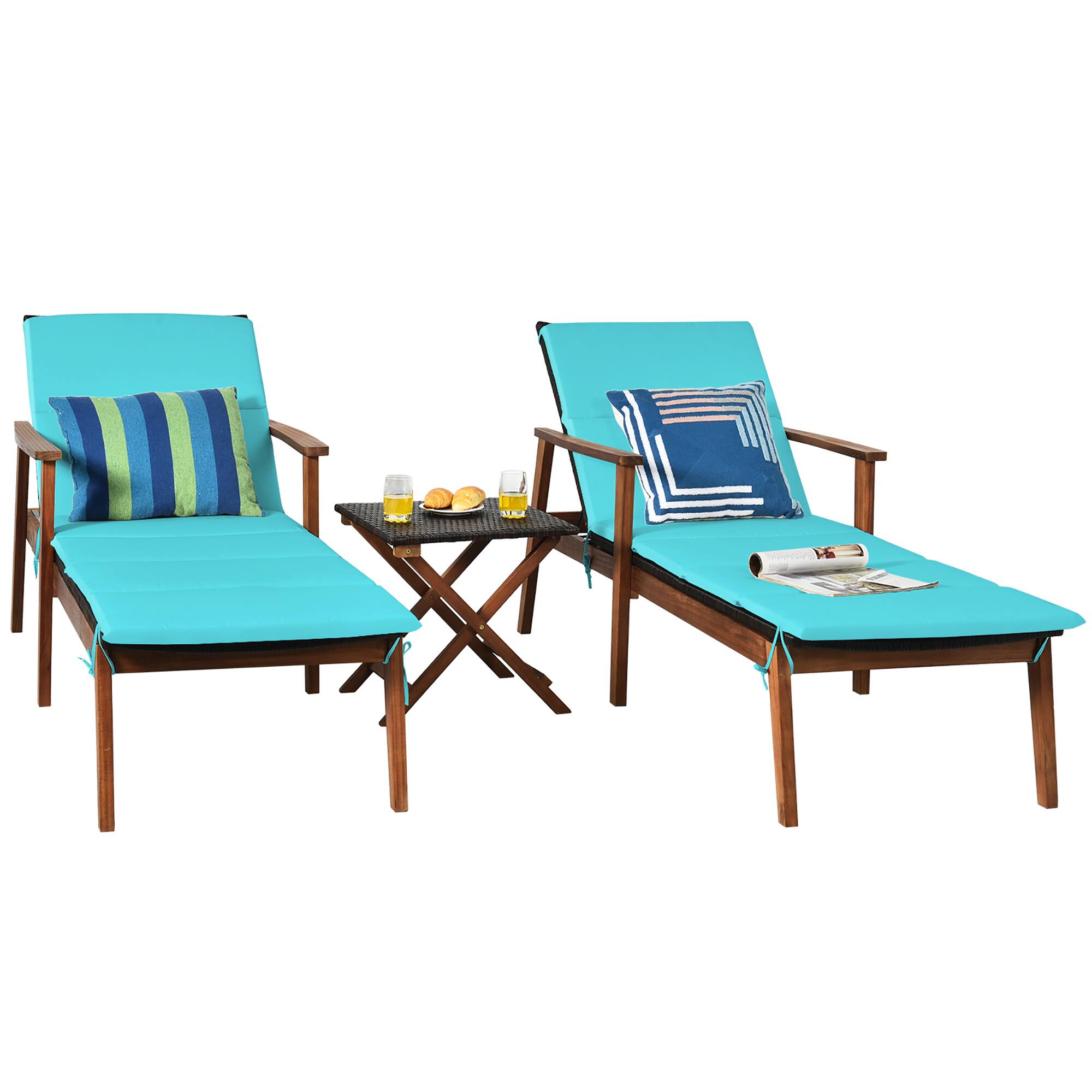 Alt View 9. Costway - Costway 3PCS Patio Rattan Lounge Chair Folding Table Set Chaise Wood Cushioned - Turquoise.