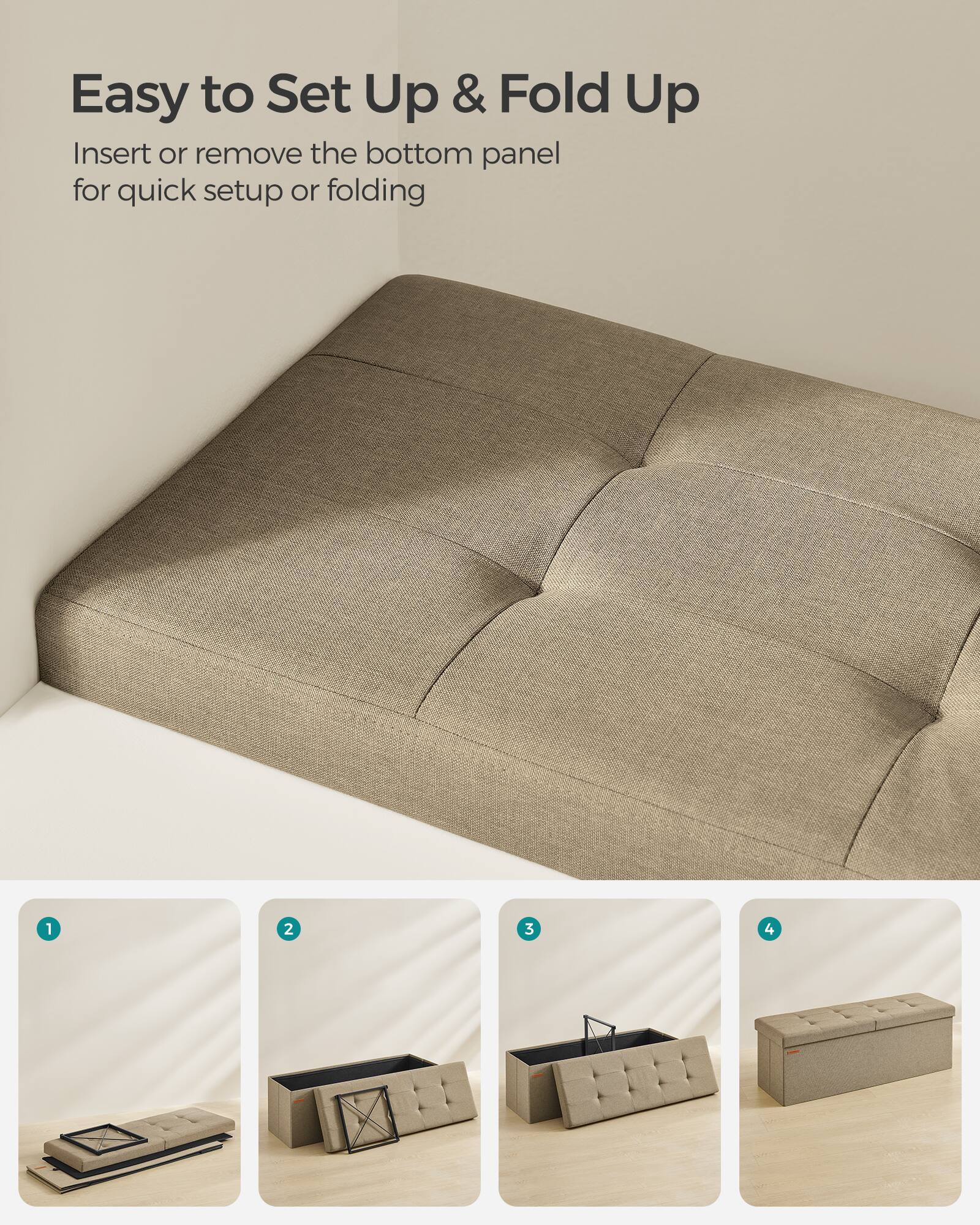 Easy to Set Up & Fold Up

Insert or remove the bottom panel for quick setup or folding

1. [Image of the bottom panel removed]
2. [Image of the bottom panel being inserted]
3. [Image of the bottom panel fully inserted]
4. [Image of the fully assembled sofa]