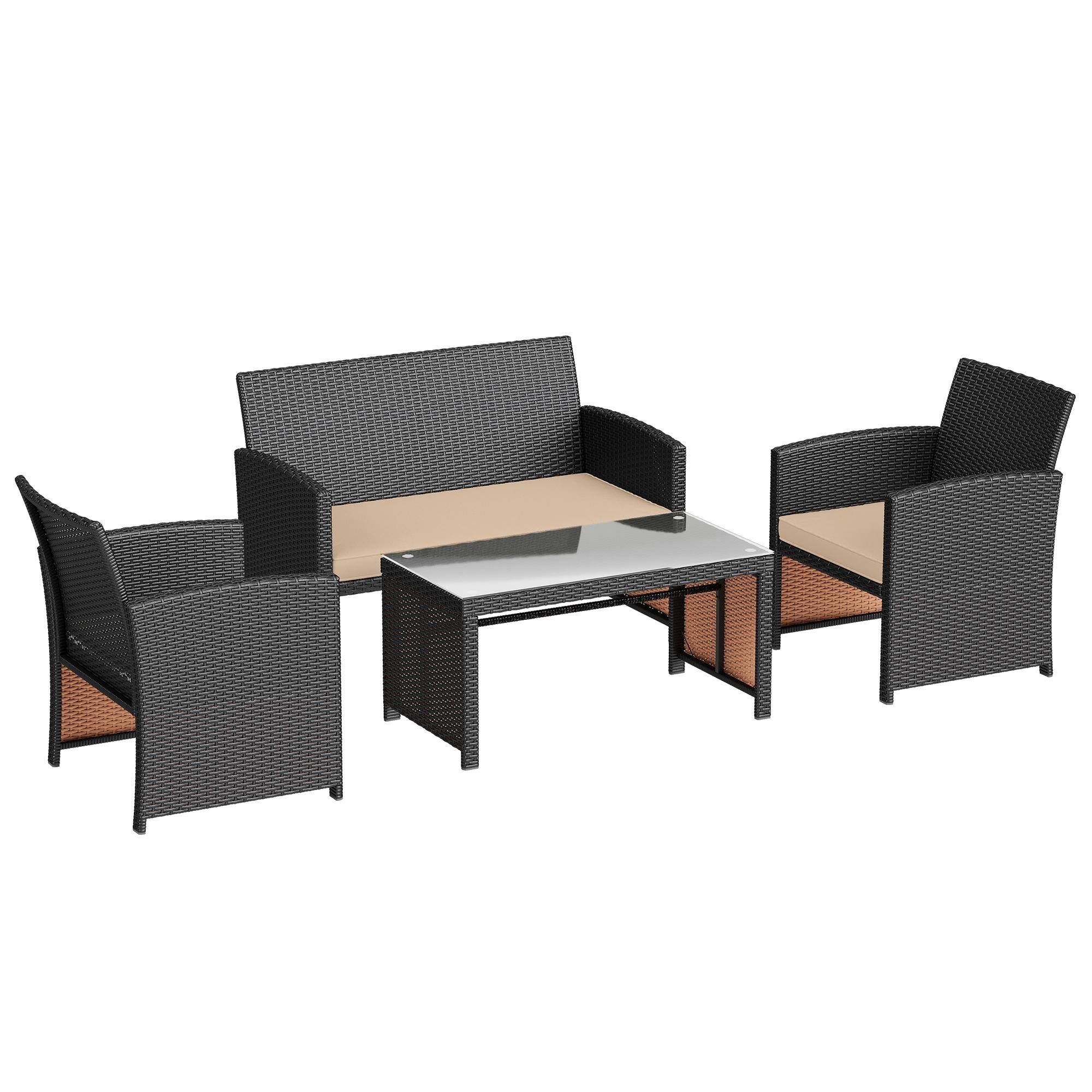 Alt View 6. U-HOMY - All-Weather PE Rattan Patio Furniture Set – 4-Piece Wicker Sofa & Glass Coffee Table with Cushions - Khaki.