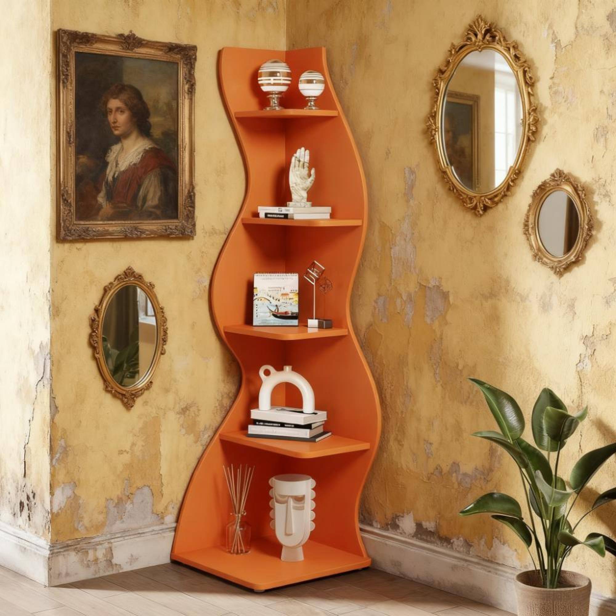 Angle. GOODSILO - Modern 5-Tier Corner Bookshelf Storage Rack for Home and Office Organization - Orange.