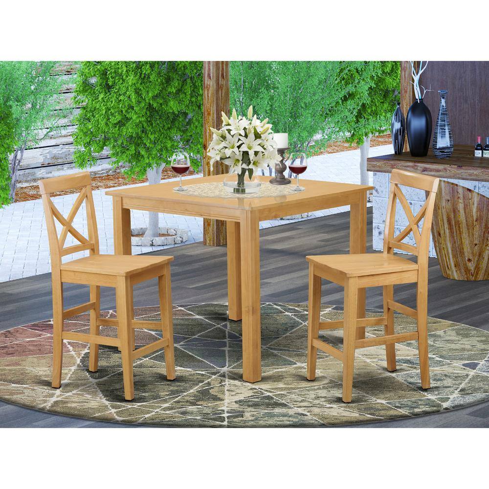 Back. East West Furniture - 3 Pc counter height Dining room set-pub Table and 2 bar stools - Oak.