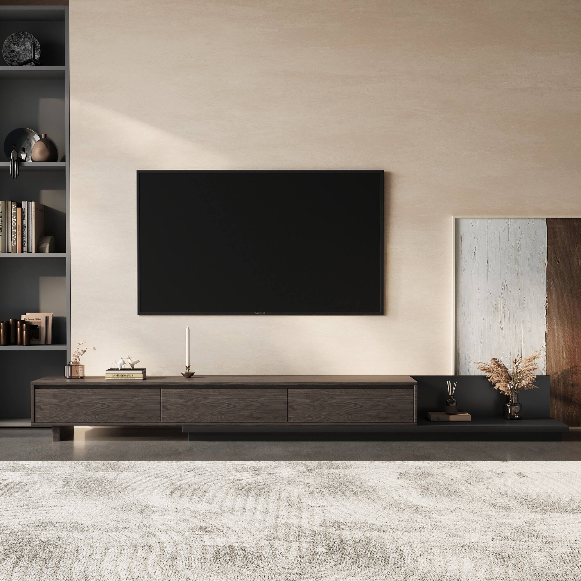 Angle. luck idea - 78.7" Stretchable TV stand, tv console With a maximum width of 141.7" , With Three Storage Drawers. - Black walnut color.