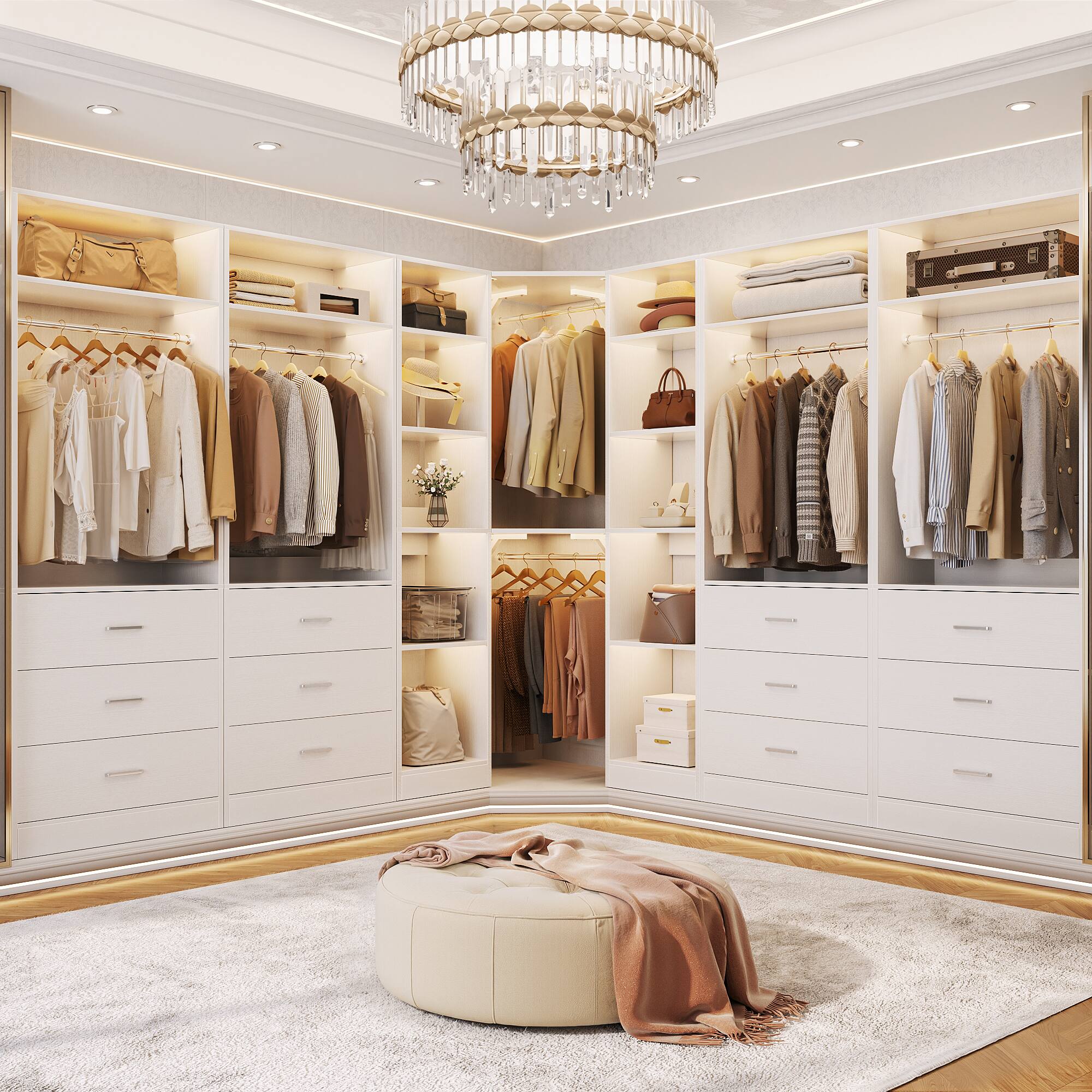 Back. Aheaplus - Reversible L Shaped Corner Walk-in Closet System - 6 Drawers, 20+ Shelves, 4 Hanging Rods, 2500+LBS Load,63.2"L-87.2"L. - White.