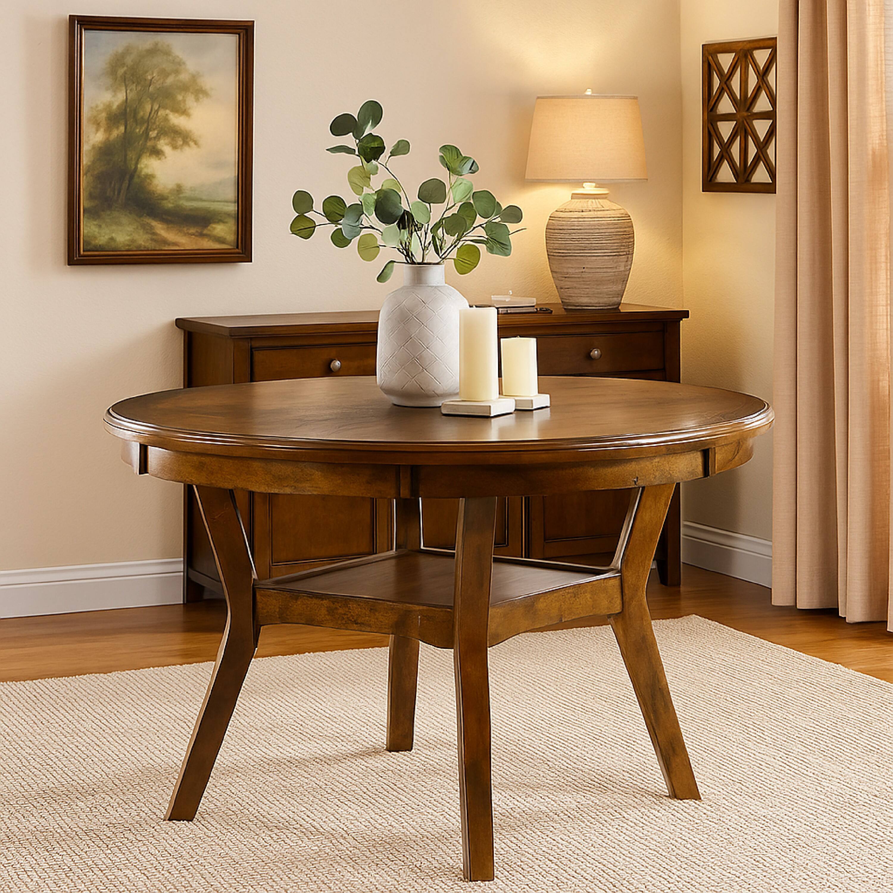 Alt View 2. Manhattan Lane - Round Top Wooden Dining Table with Boomerang Legs - Brown.