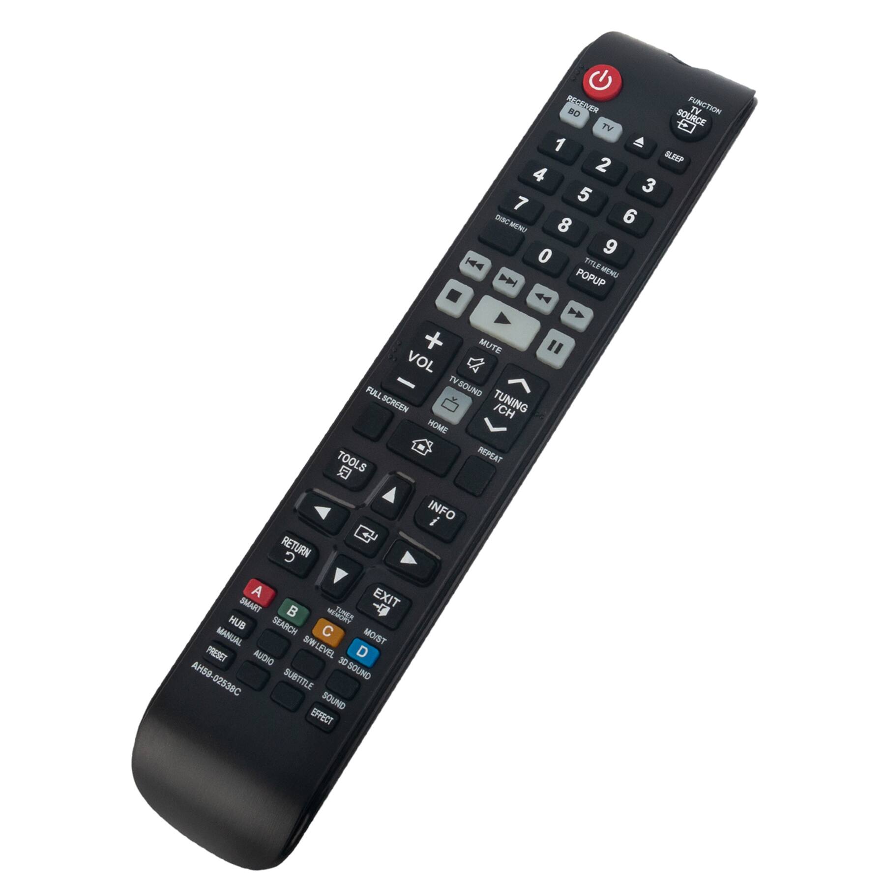 Sure, here is the corrected and grouped text from the image:

---

**Top Section:**
- RECEIVER BD
- TV
- FUNCTION SOURCE
- SLEEP
- DISC MENU
- TITLE MENU
- POPUP MENU
- RETURN
- C
- MUTE
- VOL FULL
- TV SOUND
- SCREEN
- TUNING
- ICH
- HOME
- TOOLS
- REPEAT
- INFO
- EXIT
- SMART
- HUB
- MANUAL
- SEARCH
- C
- MO/ST
- SW
- PRESET
- AUDIO LEVEL
- D
- 30
- SUBTITLE
- 30-SOUND
- 02538C
- SOUND EFFECT

**Number Pad:**
- 1
- 2
- 3
- 4
- 5
- 6
- 7
- 8
- 9
- 0

**Middle Section:**
- VOL -
- VOL +
- PULL SCREEN
- MUTE
- TV SOUND
- TUNING
- ICH

**Bottom Section:**
- TOOLS
- RETURN
- EXIT
- A
-