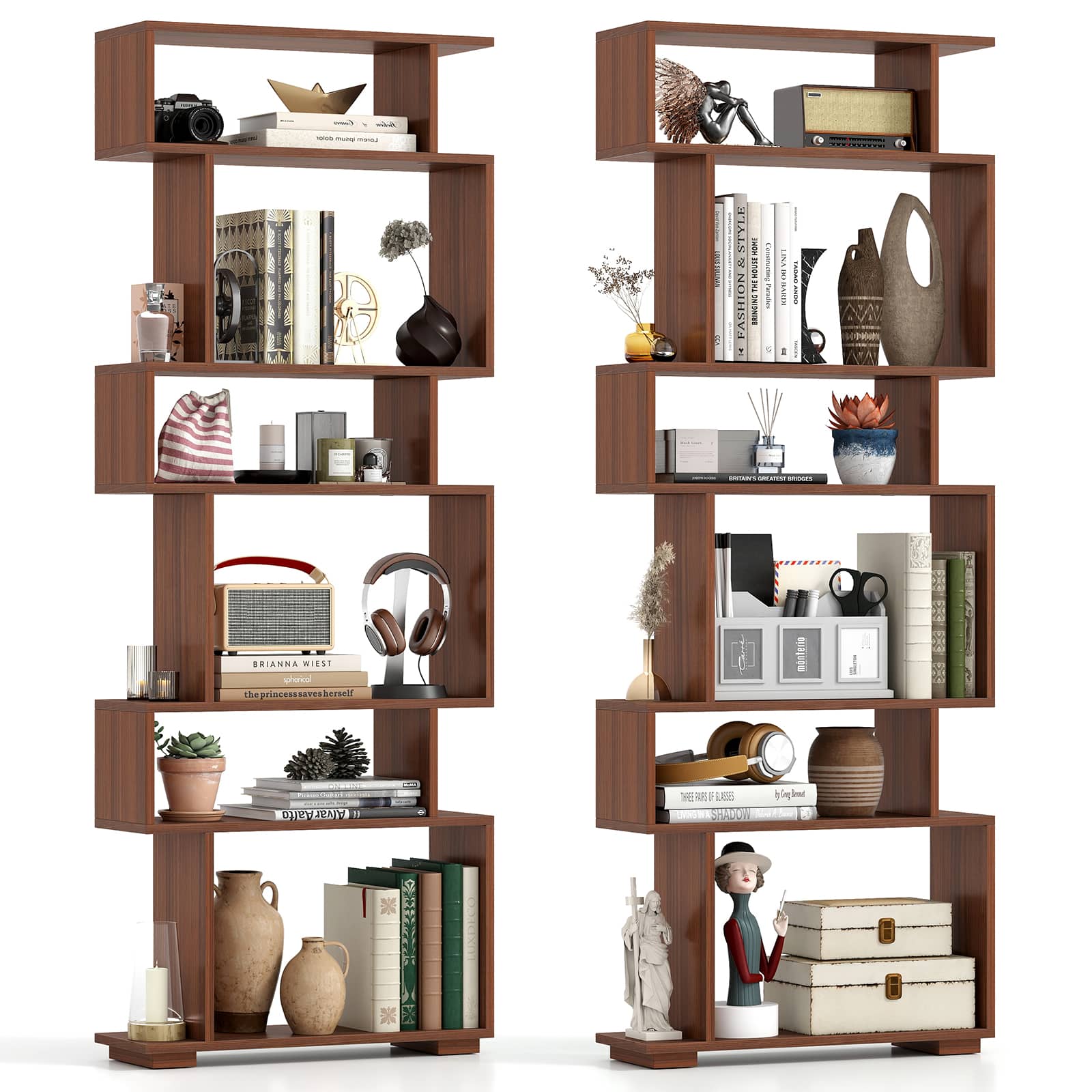 Gymax - 2PCS 6-Tier Bookshelf Geometric Bookcase w/ 2 Anti-Tipping Kits Wooden Display Shelf - Walnut price history on PriceWatchPro