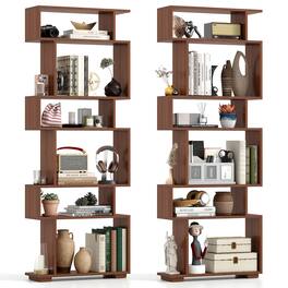 Gymax - 2PCS 6-Tier Bookshelf Geometric Bookcase w/ 2 Anti-Tipping Kits Wooden Display Shelf - Walnut