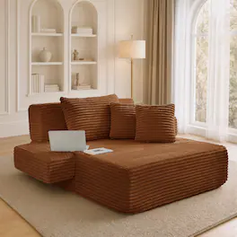 Meqiodas - 60.5" Oversized Chaise Lounge Chair, Corduroy Cloud Couch, Convertible Floor Sofa Bed with 3 Pillows, Storage Pocket - Orange