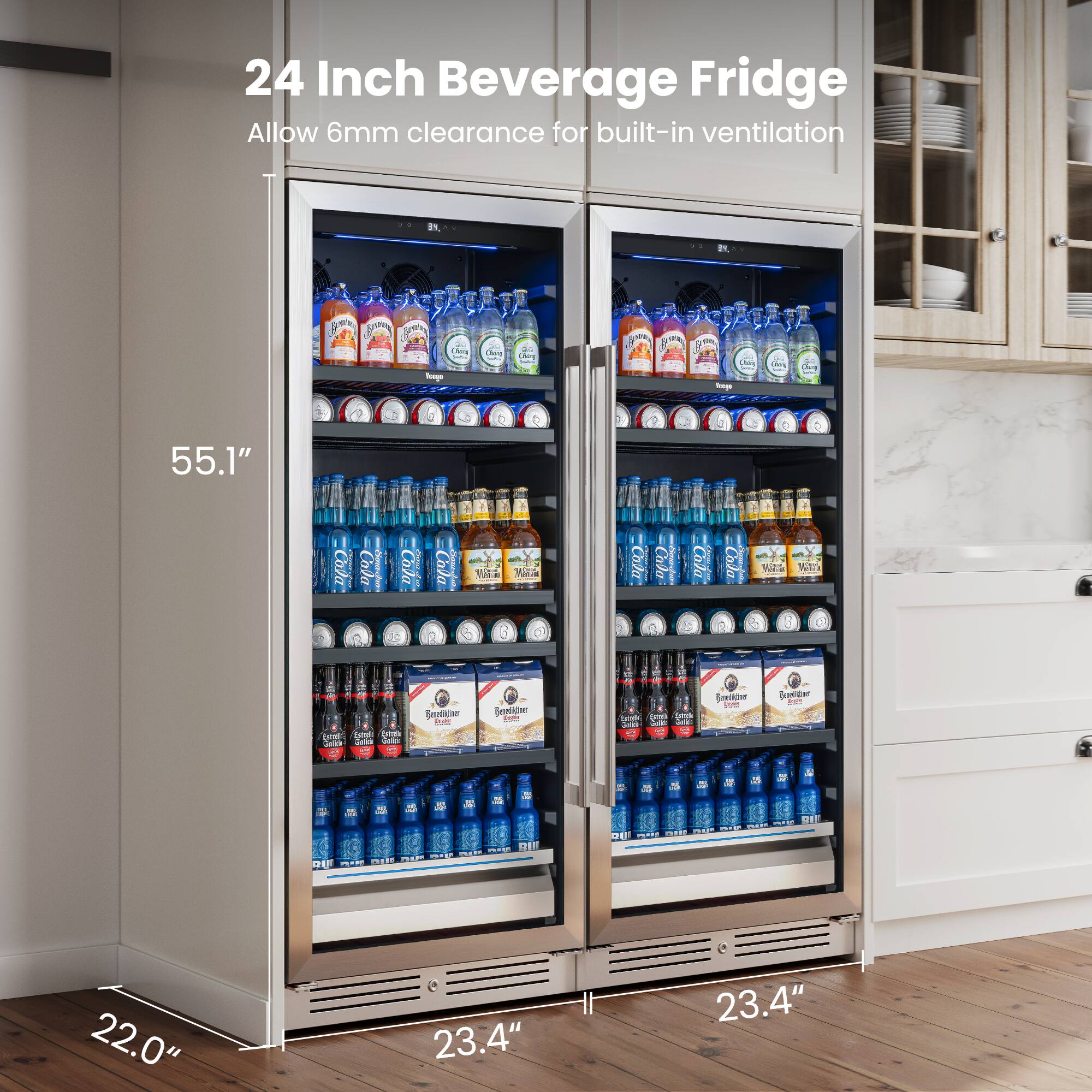 24 Inch Beverage Fridge  
Allow 6mm clearance for built-in ventilation  

55.1"  
22.0"  
23.4"  
23.4"