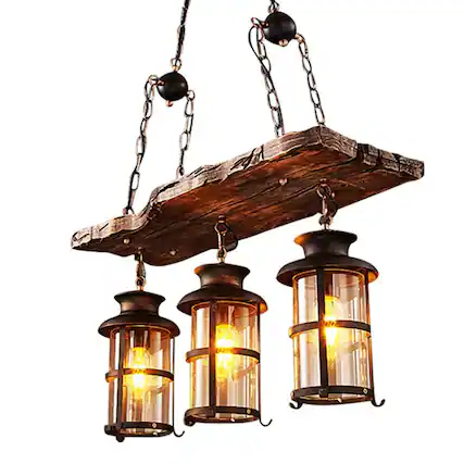 Front. Stock Preferred - 3-Light Rustic Wood & Iron Chandelier Pendant Ceiling Lamp - Black.