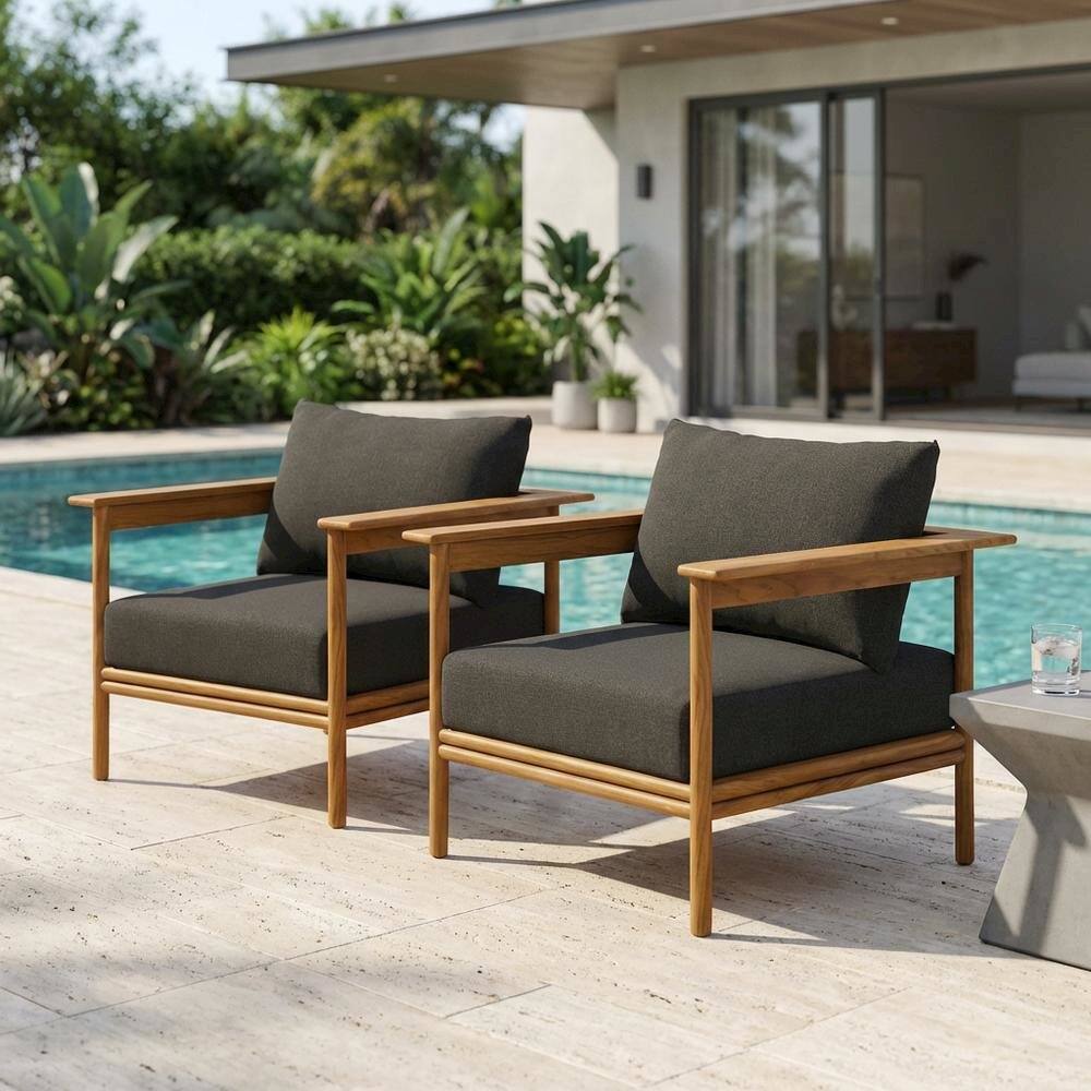 Left. Outdoor Escape - Outdoor Patio Armchair Set Of 2 In Teak Wood For Cozy Outdoor Living - Gray.