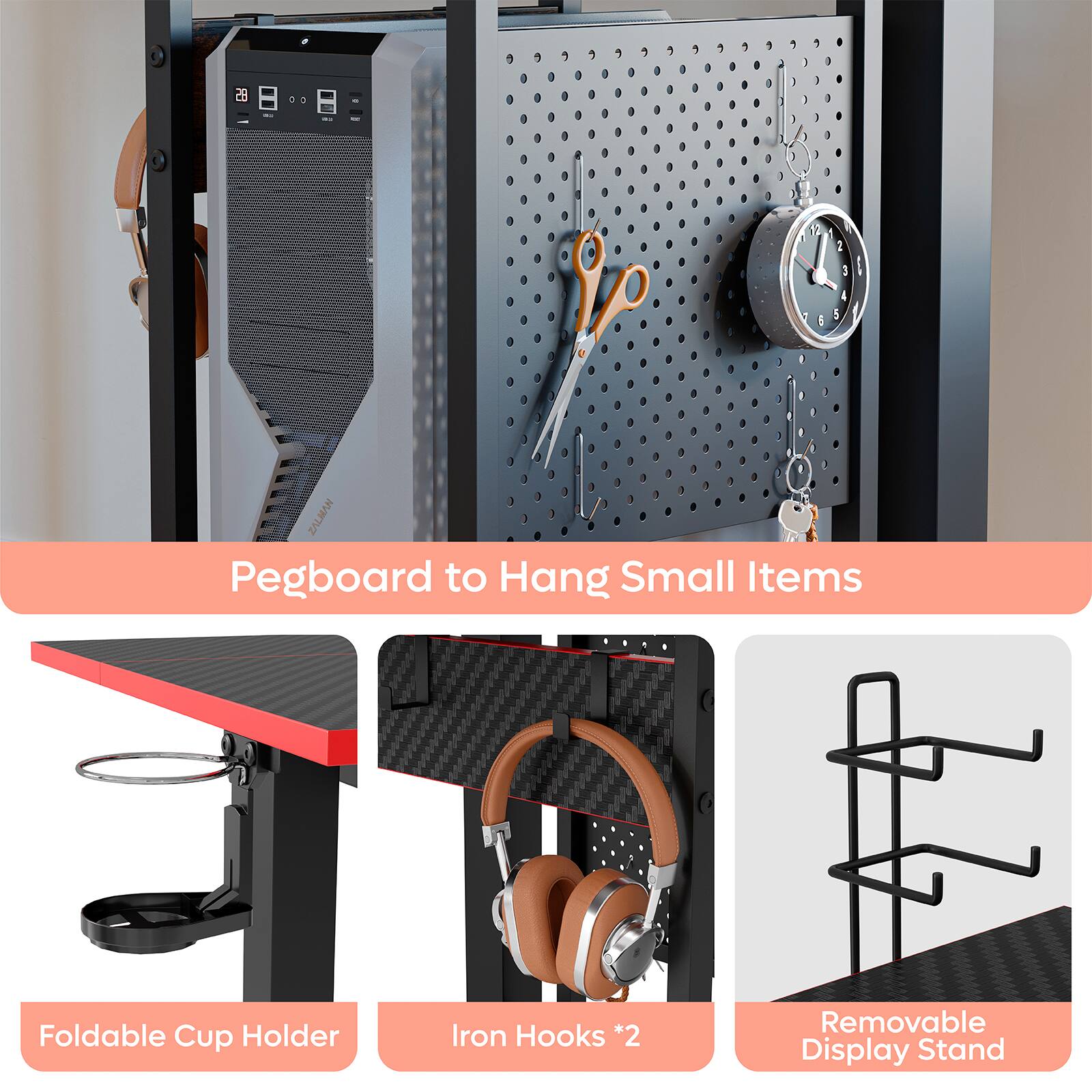 The text on the image is grouped and corrected as follows:

"Pegboard to Hang Small Items, Foldable Cup Holder, Iron Hooks *2, Removable Display Stand."