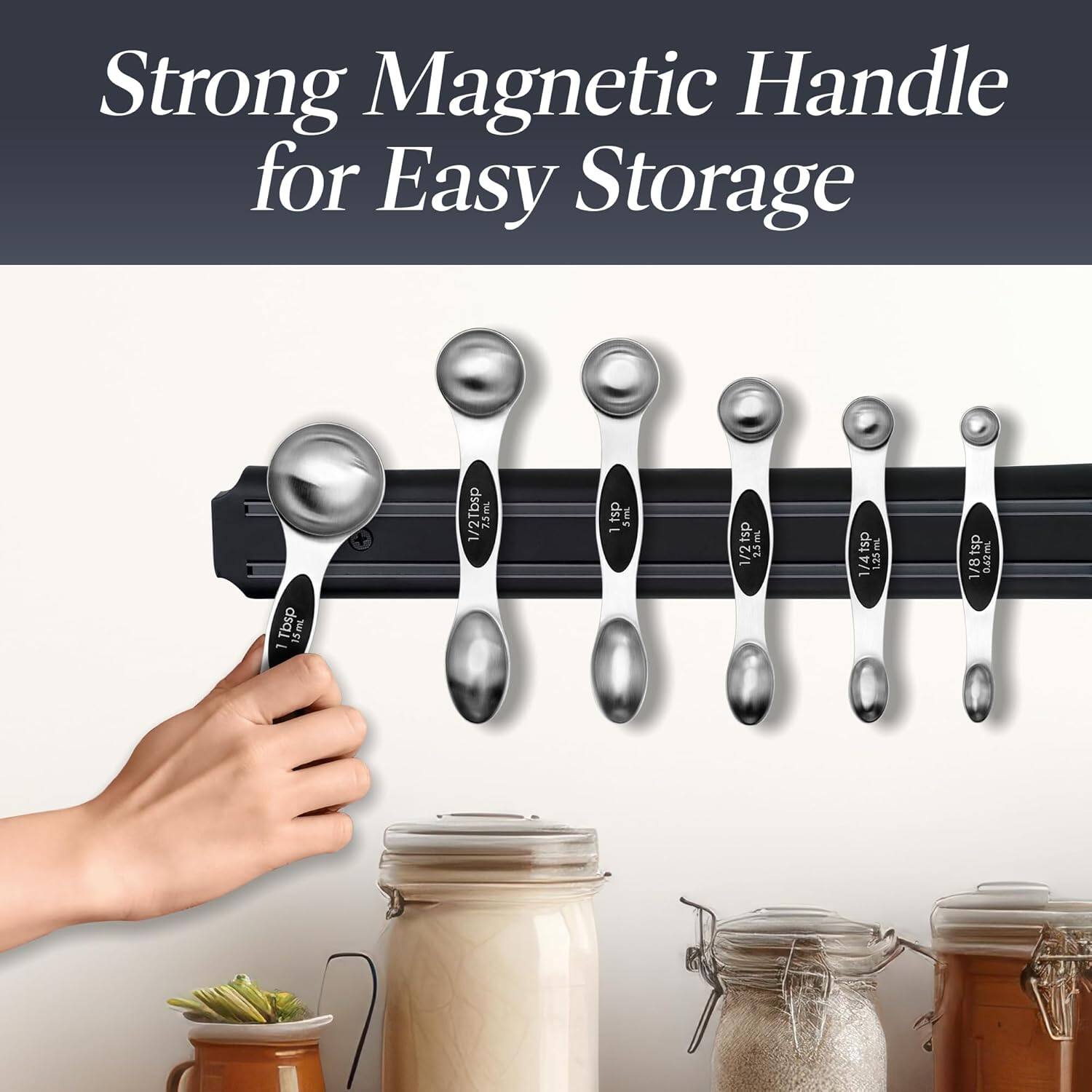 Strong Magnetic Handle for Easy Storage, Tbsp 15mL - 1/2Tbsp 7.5mL, 1tsp 5mL, 1/2tsp 2.5mL, 1/4tsp 1.25mL, 1/8tsp 0.625mL