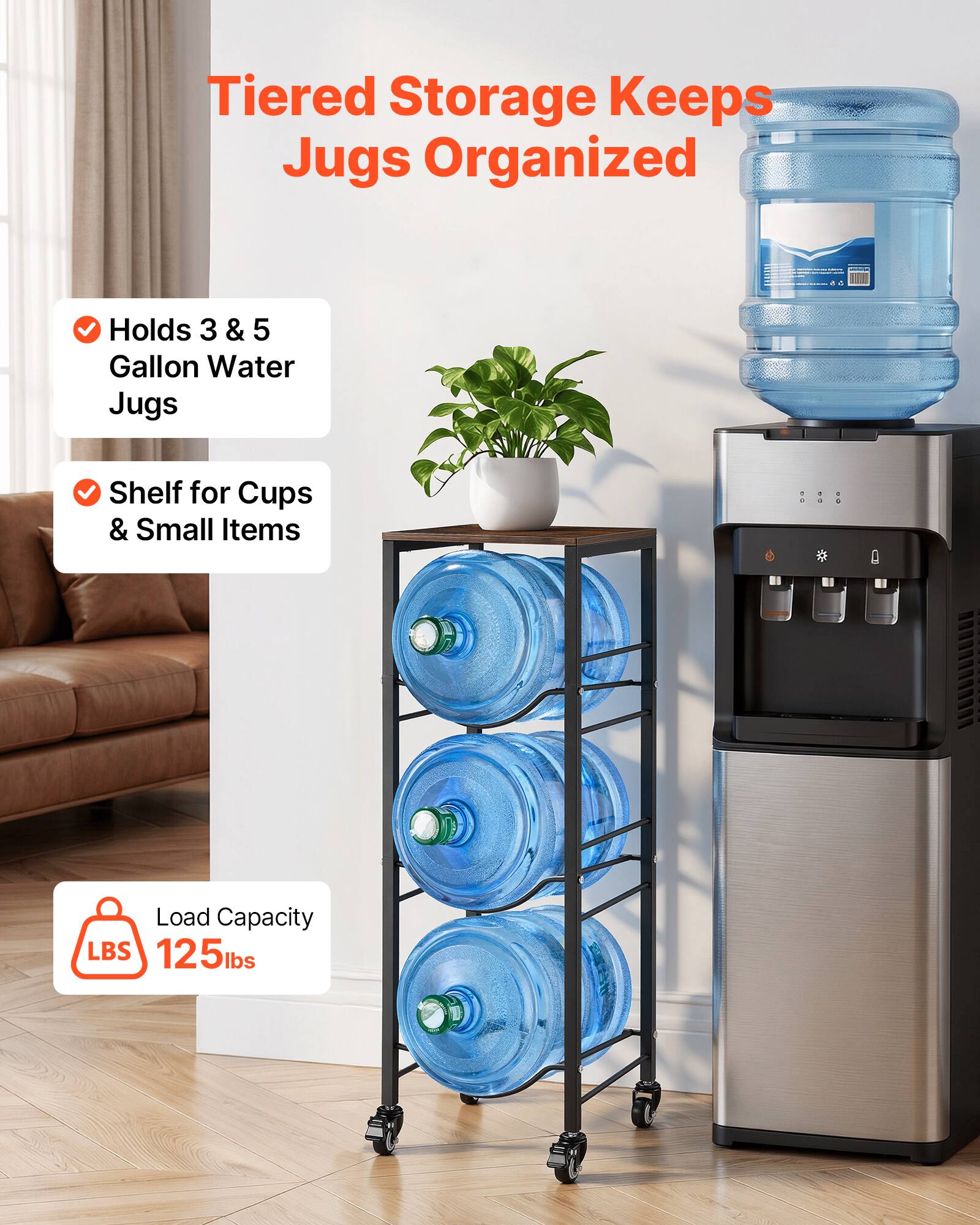 Tiered Storage Keeps Jugs Organized
- Holds 3 & 5 Gallon Water Jugs
- Shelf for Cups & Small Items
Load Capacity: 125 lbs