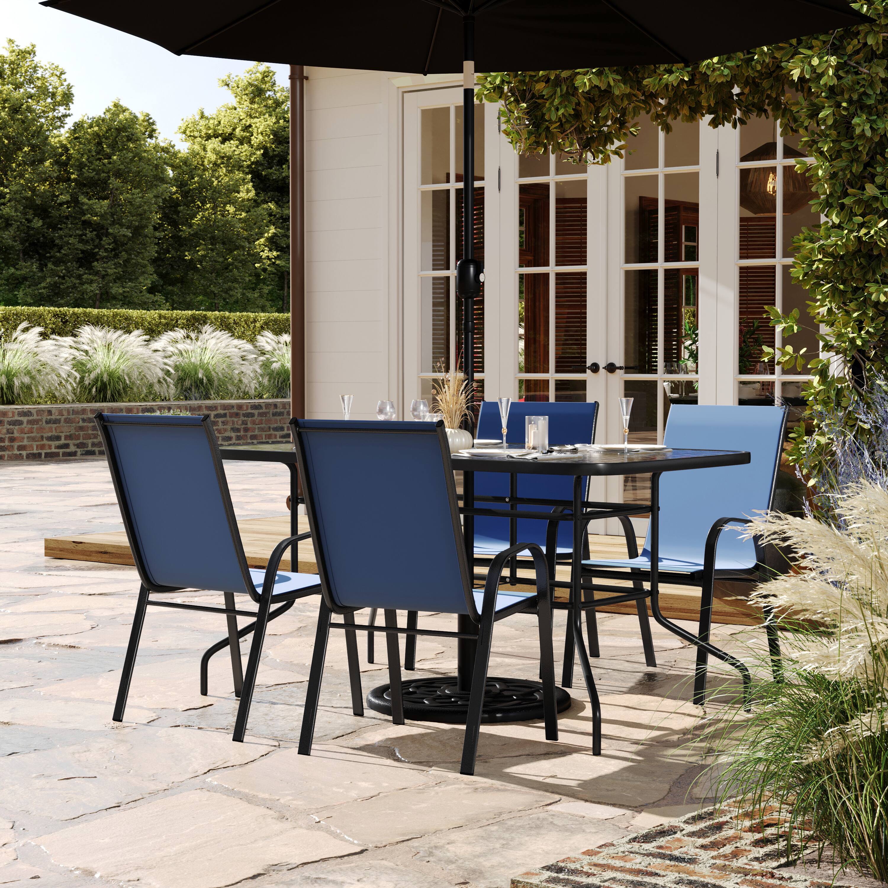 Alt View 1. Flash Furniture - Brazos 5 Piece Outdoor Patio Dining Set - 55" Tempered Glass Patio Table with Umbrella Hole, 4 Navy Flex Comfort Stack C - Blue.