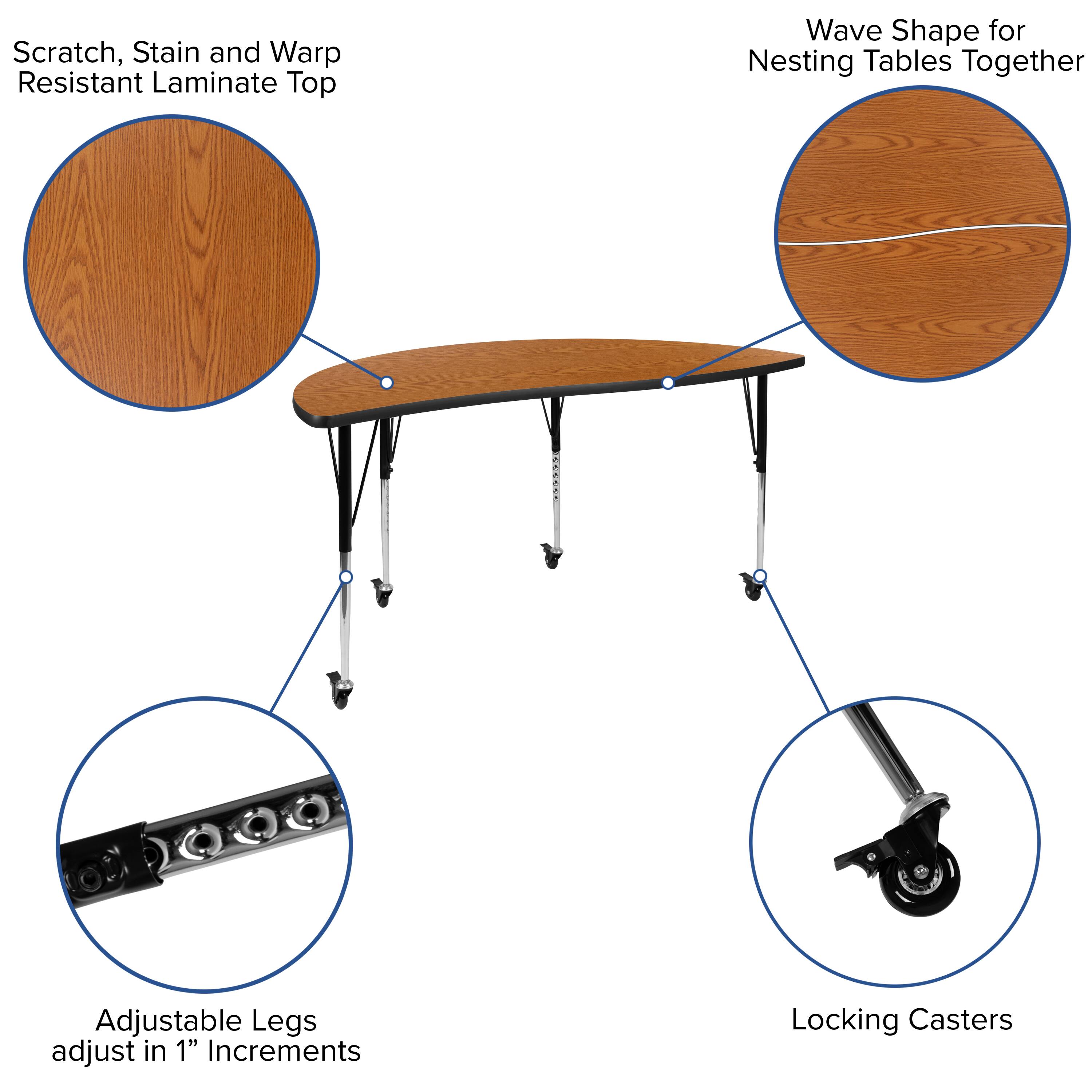 Scratch, Stain and Warp Resistant Laminate Top

Wave Shape for Nesting Tables Together

Adjustable Legs adjust in 1" Increments

Locking Casters