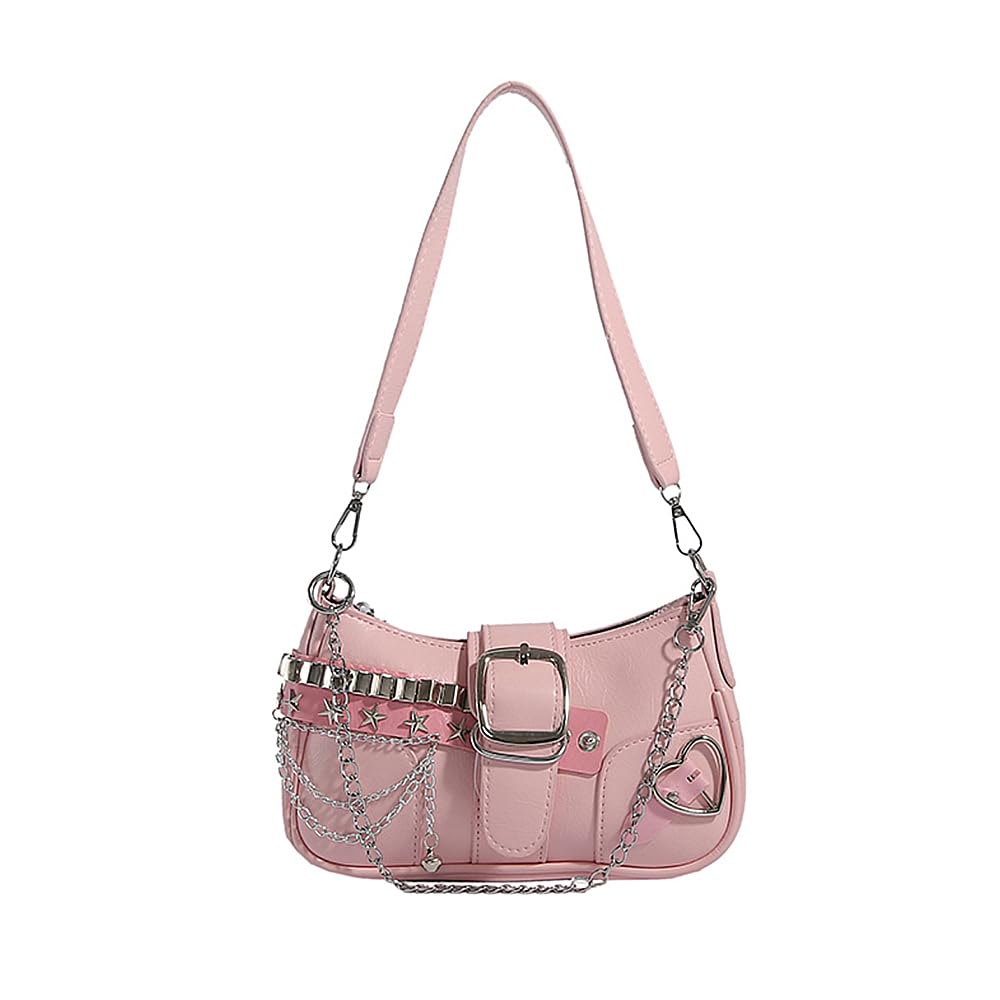 Front. Live At Space - Y2k Shoulder Bag Purse For Women Handbag Punk Trendy Y2K Shoulder Bag for Women This Y2K shoulder bag offers aand - Pink.