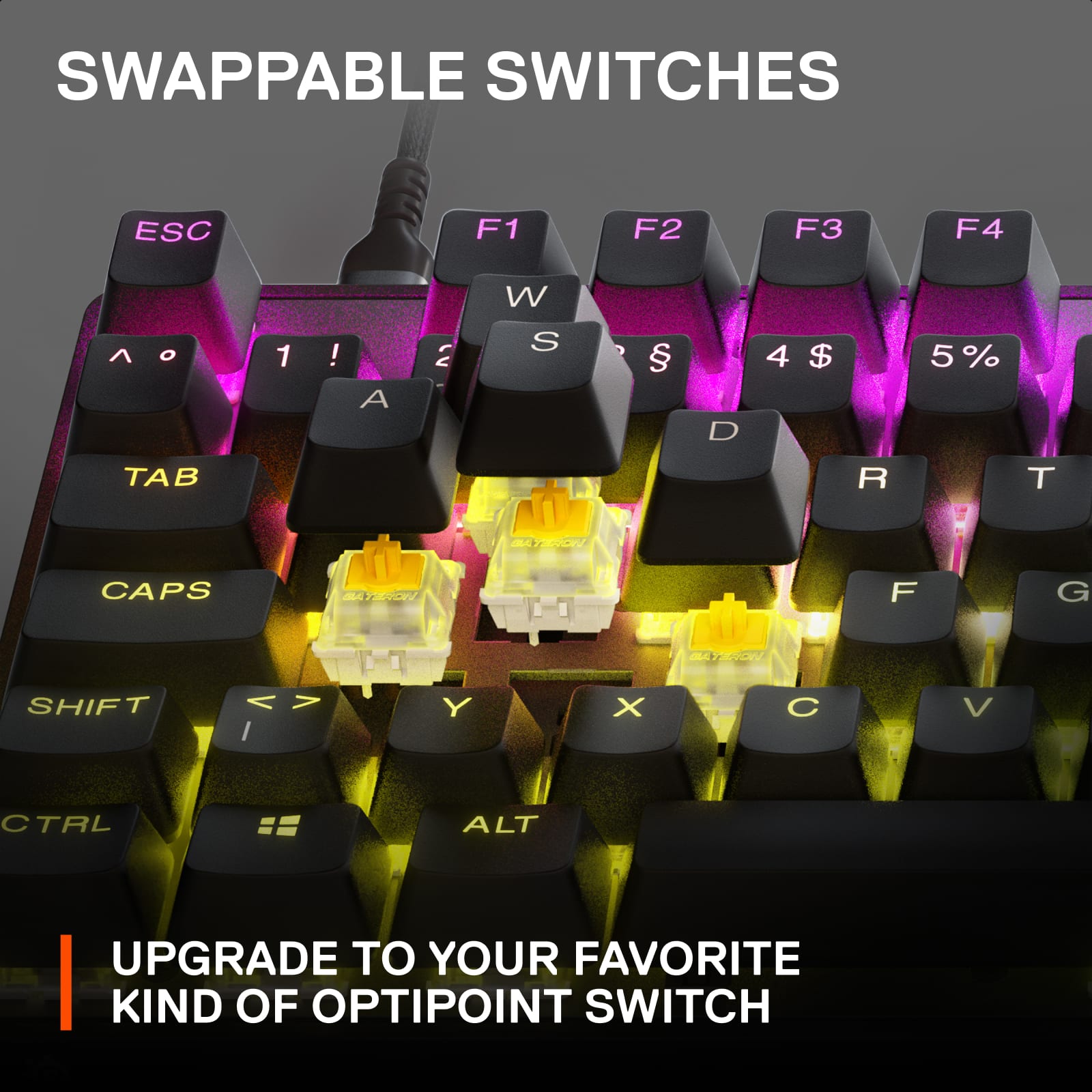 SWAPPABLE SWITCHES ESC F1 F2 F3 F4 W ^ O 1 ! 2 S D 4 $ 5 5% TAB R T CAPS LOCK SHIFT < > I Y X C V CTRL ALT UPGRADE TO YOUR FAVORITE KIND OF OPTIPOINT SWITCH