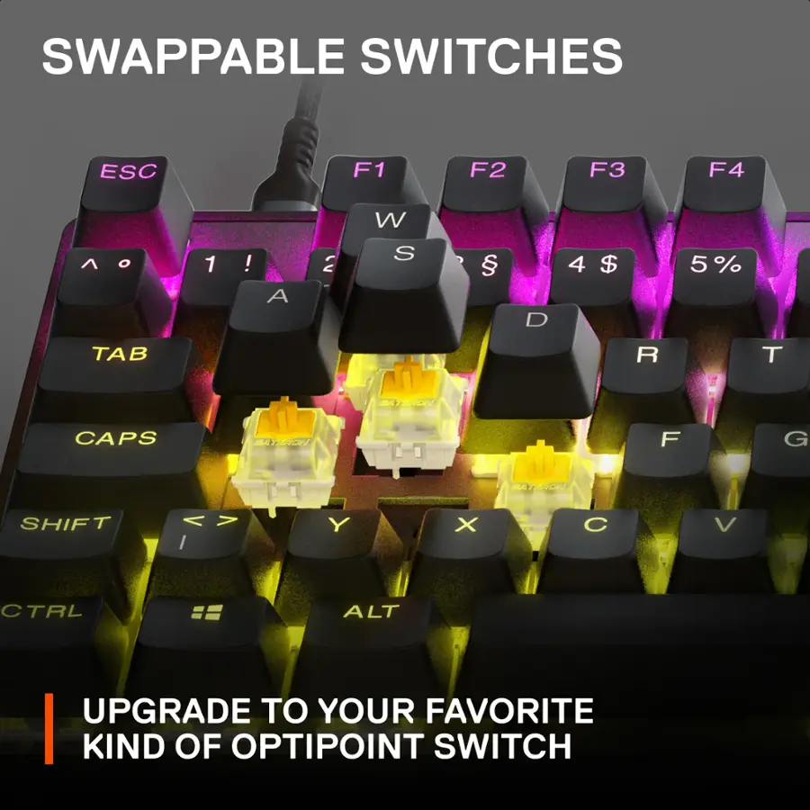 SWAPPABLE SWITCHES ESC F1 F2 F3 F4 W ^ O 1 ! 2 S  D 4 $ 5 5% TAB R T  CAPS LOCK SHIFT < > I Y X C V CTRL ALT UPGRADE TO YOUR FAVORITE KIND OF OPTIPOINT SWITCH