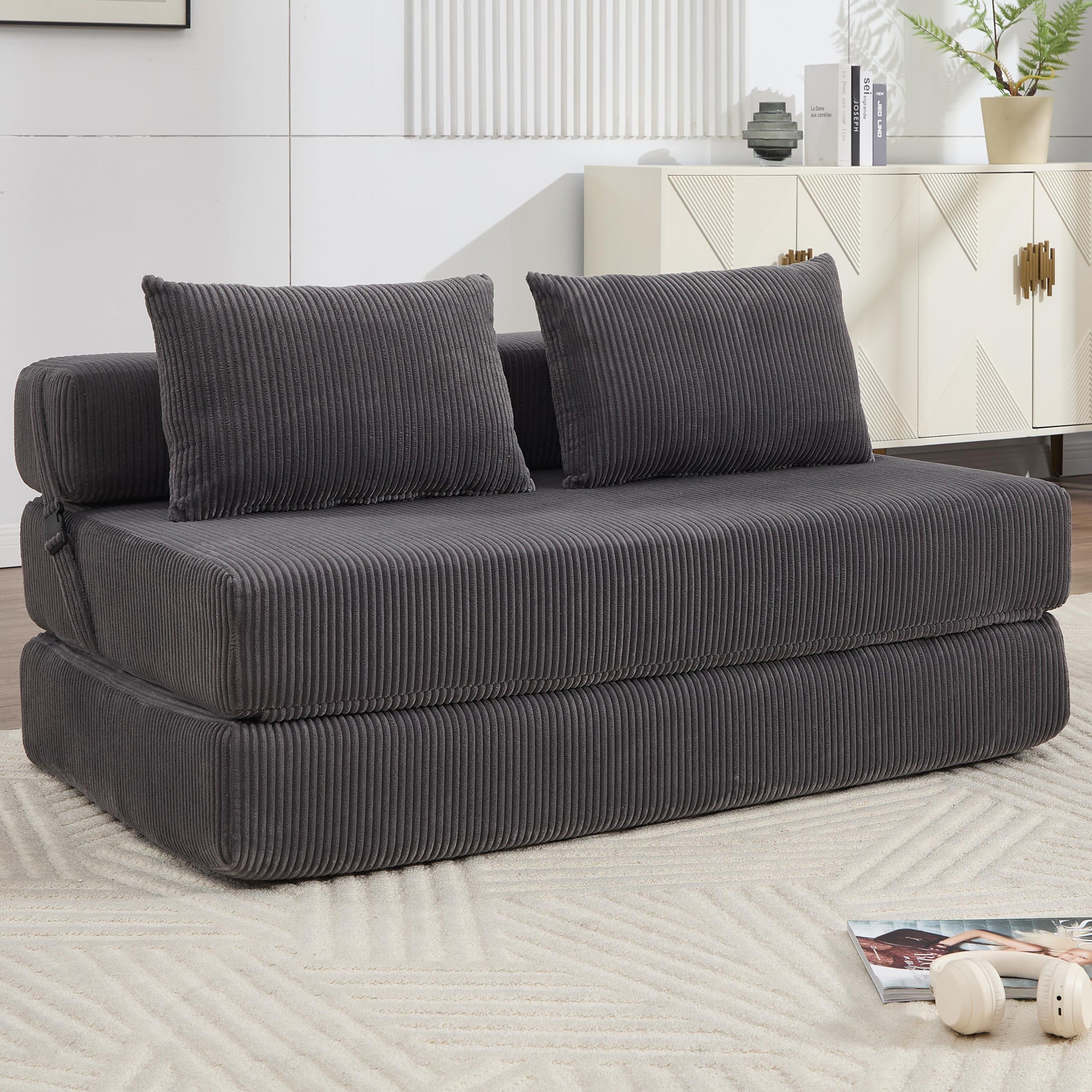 AENKYO - Convertible Folding Sofa Bed,Loveseat Sleeper,Full Size Corduroy Floor Couch Mattress for Living Room - Gray