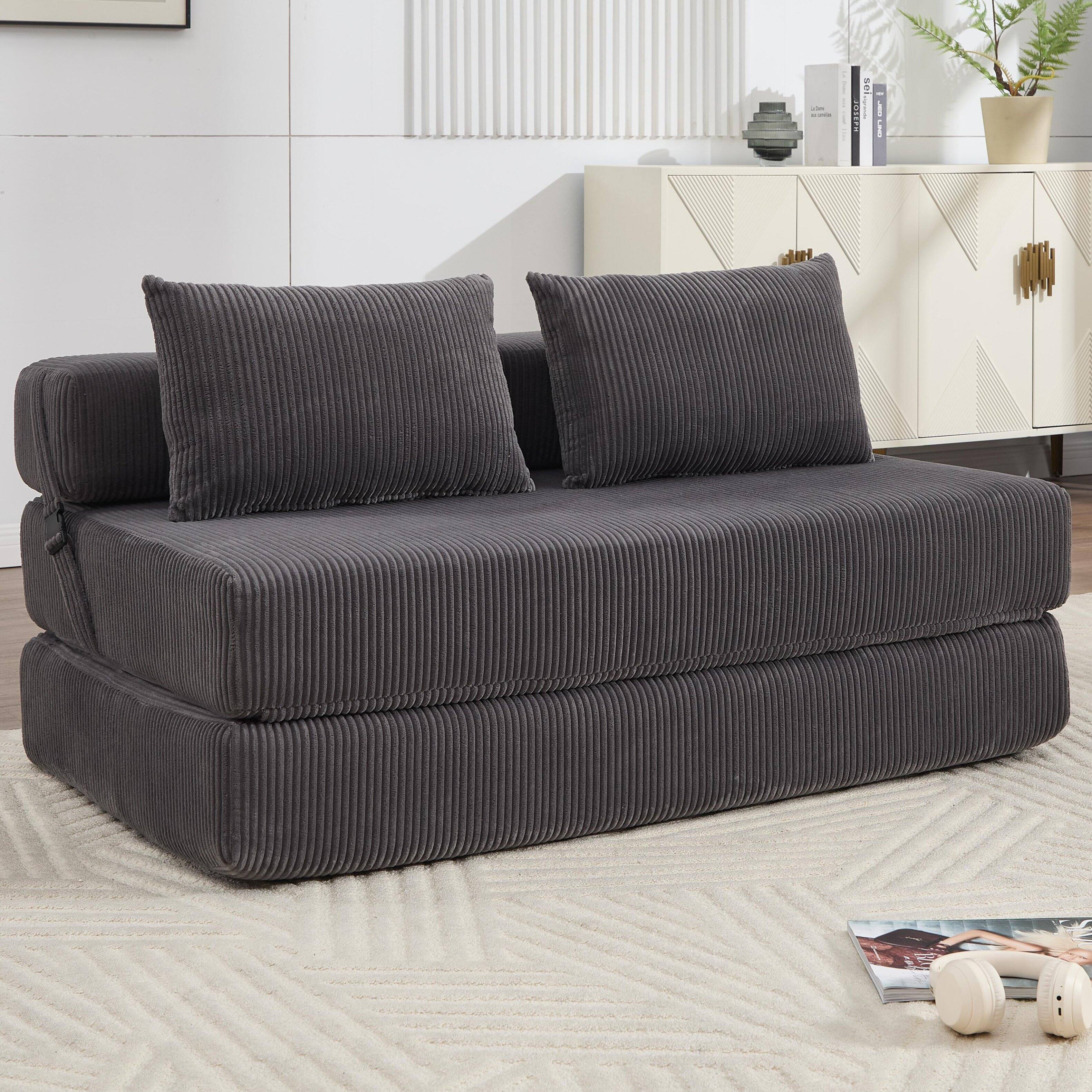 Front. AENKYO - Convertible Folding Sofa Bed,Loveseat Sleeper,Full Size Corduroy Floor Couch Mattress for Living Room - Gray.