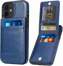 Entronix - Slim Leather Wallet Case for iPhone 12 Mini - 6 Slot Card Holder - Navy