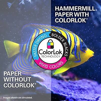 HAMMERMILL PAPER WITH COLORLOK®  
BOLDER BLACKS  
FASTER DRYING  
VIVID COLORS  
ColorLok® TECHNOLOGY  

PAPER WITHOUT COLORLOK®  

Images shown are simulated.