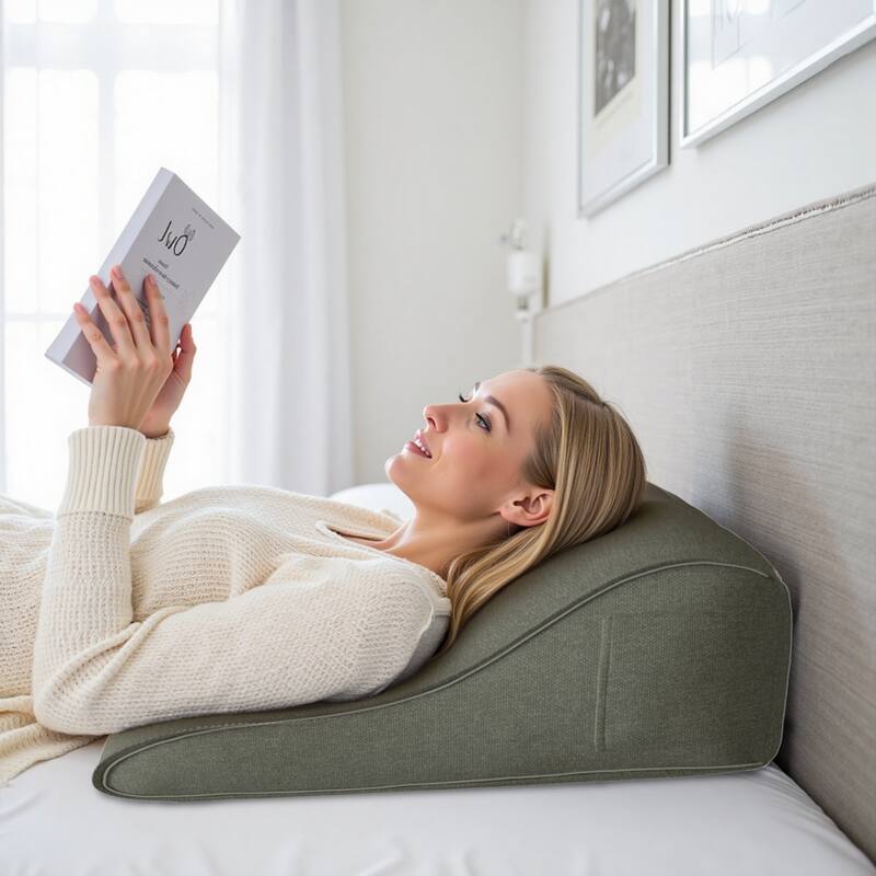 Front. wowmax - Bed Reading Pillow - Support Cushion w/Zipper - Linen Gray - Convertible to Long Body Pillow (20x9x22in) - Gray.