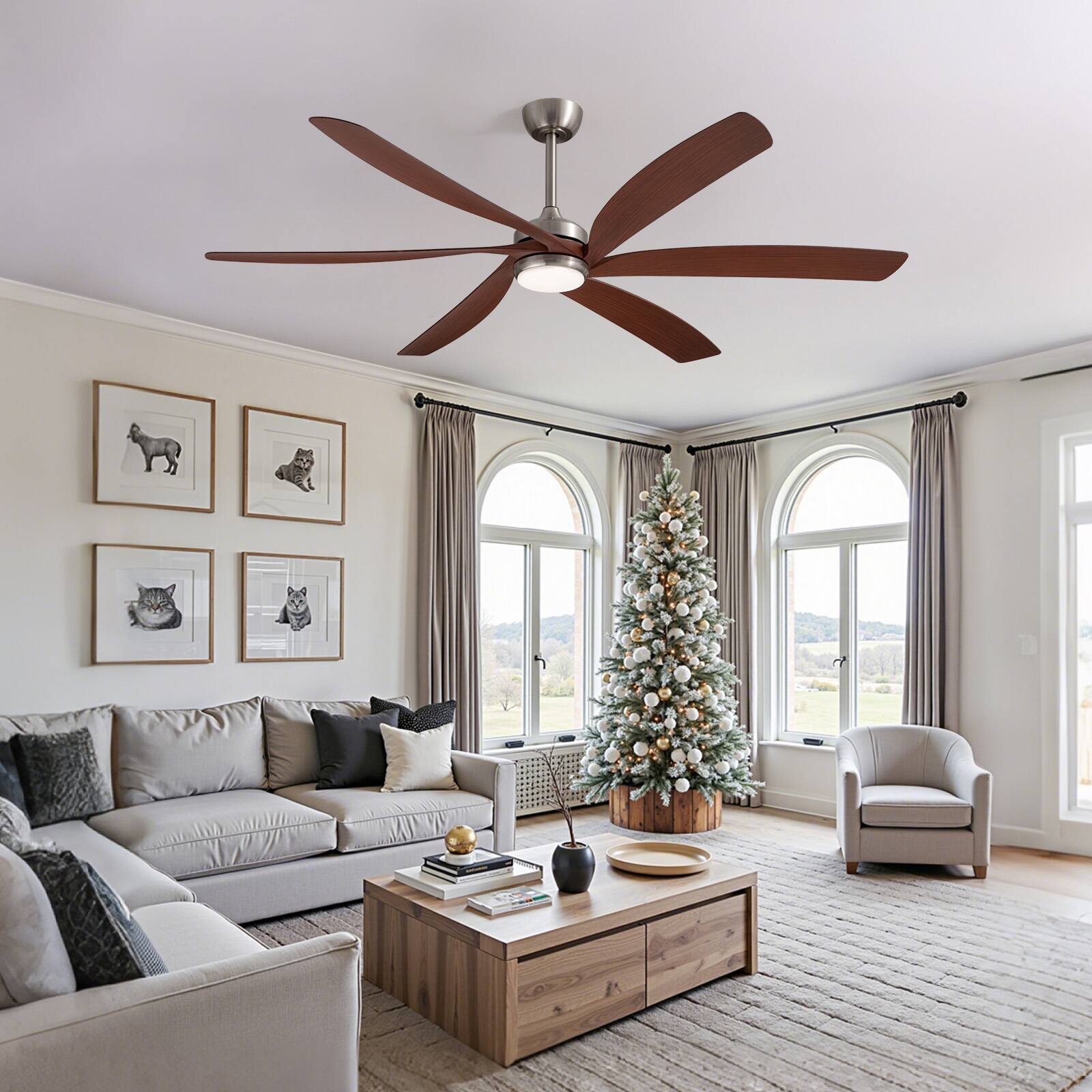 Alt View 2. Siljoy - 64" Modern Silent Ceiling Fan, Reversible DC Motor, 6 Speeds, Timer, Natural Wind, Remote & APP Control, Indoor Outdoor - Dark Walnut Brown.