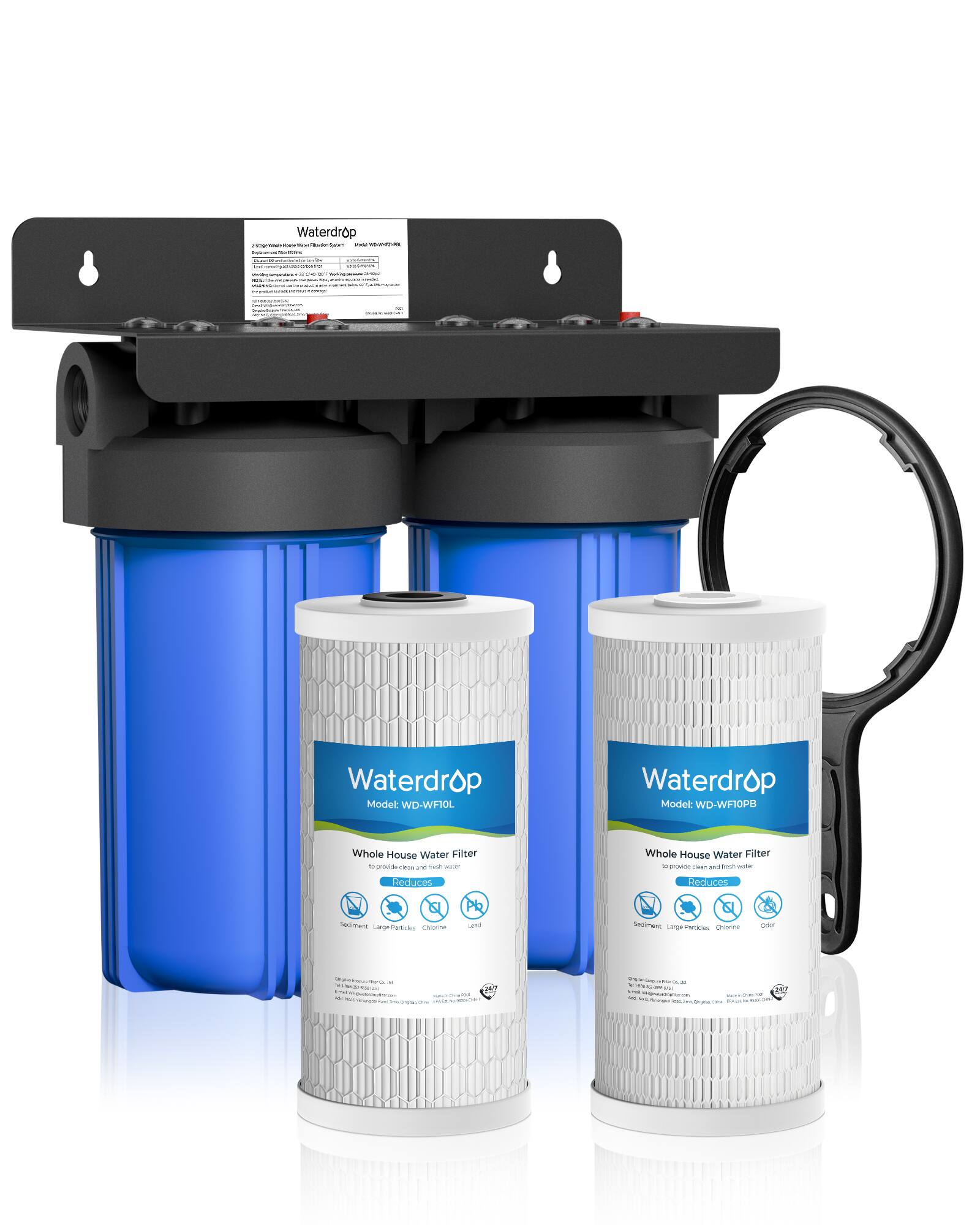 Waterdrop  
Model: WD-WFIOL  
Whole House Water Filter  

Waterdrop  
Model: WD-WF10PB  
Whole House Water Filter  

Reduces:  
- Sediment  
- Large Particles  
- Chlorine  
- Lead  

- Sediment  
- Large Particles  
- Chlorine  
- Color