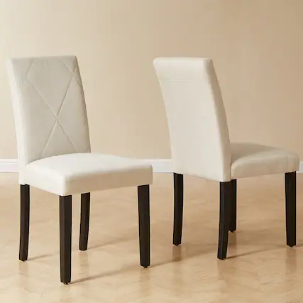 Front. Vecelo - Set Of 2 Linen Upholstered Dining Chairs with Solid Wood Legs, High Back Ergonomic Kitchen Chairs - Beige.