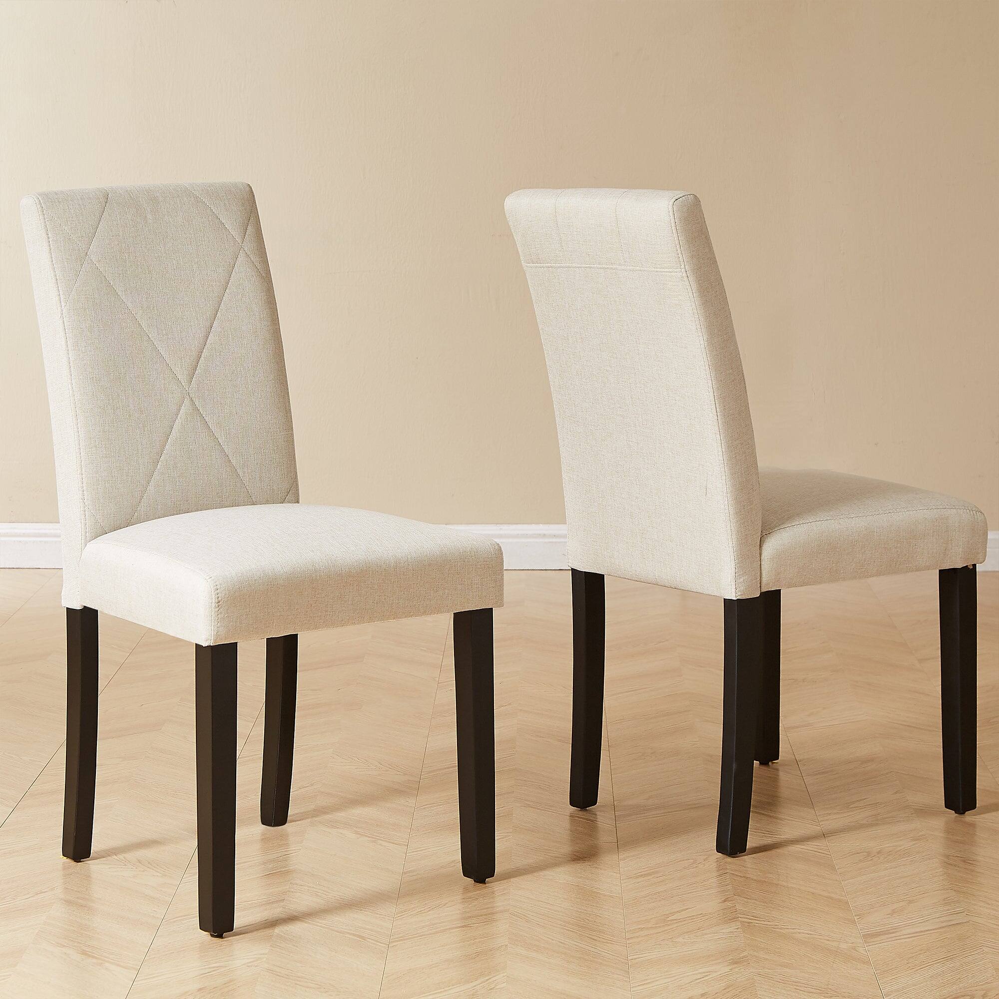 Front. Vecelo - Set Of 2 Linen Upholstered Dining Chairs with Solid Wood Legs, High Back Ergonomic Kitchen Chairs - Beige.