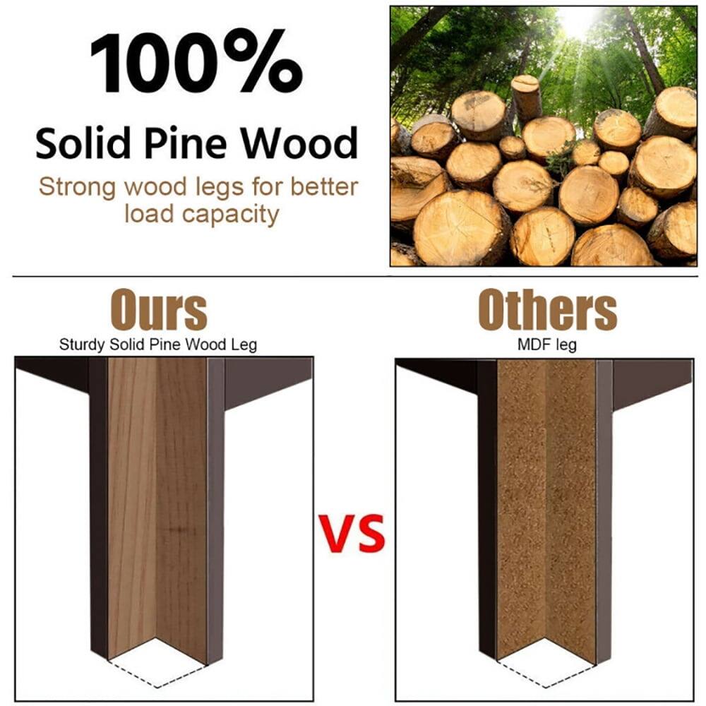 100% Solid Pine Wood  
Strong wood legs for better load capacity  

Ours: Sturdy Solid Pine Wood Leg  
Others: MDF leg  

VS