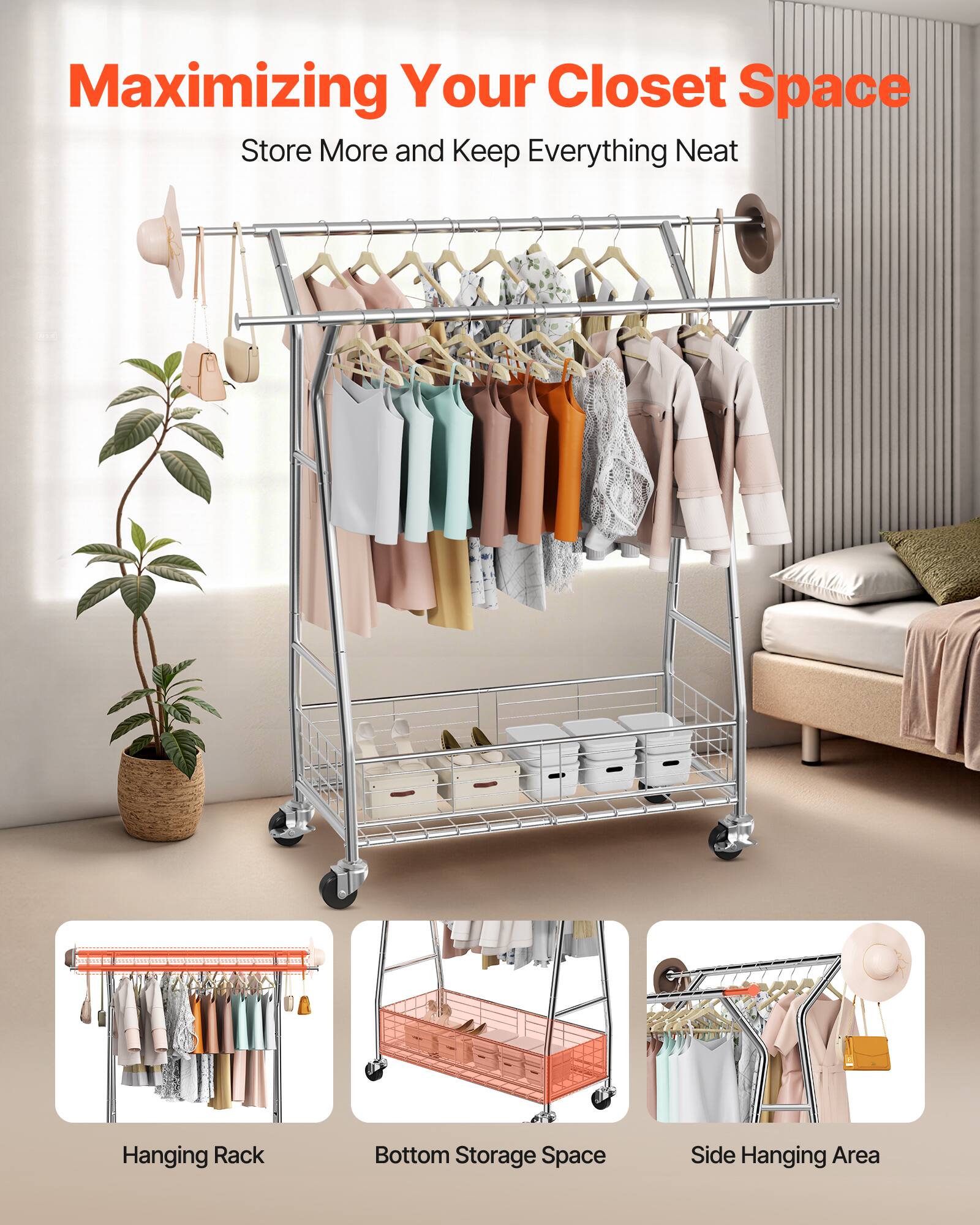 Maximizing Your Closet Space  
Store More and Keep Everything Neat  

- Hanging Rack  
- Bottom Storage Space  
- Side Hanging Area