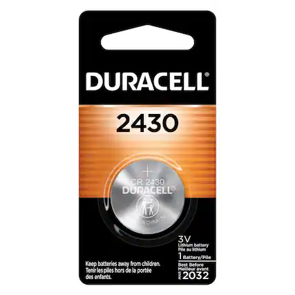 DURACELL 2430
CR 2430
DURACELL
MADE IN CHINA 3V
Keep batteries away from children.
Tenir les piles hors de la portée des enfants.
3V Lithium battery
Pile au lithium
1 Battery/Pile
Best Before
Meilleur avant
MAR 2032