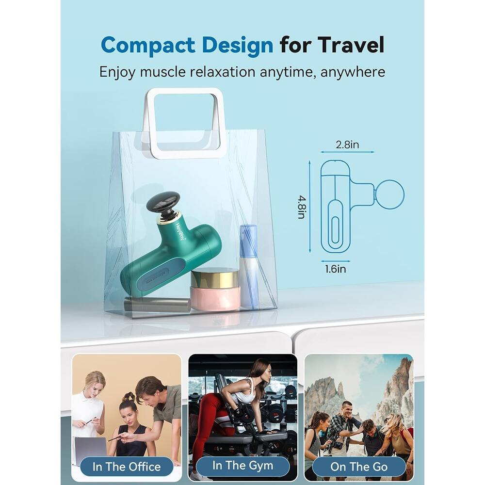 Compact Design for Travel  
Enjoy muscle relaxation anytime, anywhere  

2.8in  
4.8in  
1.6in  

In The Office  
In The Gym  
On The Go