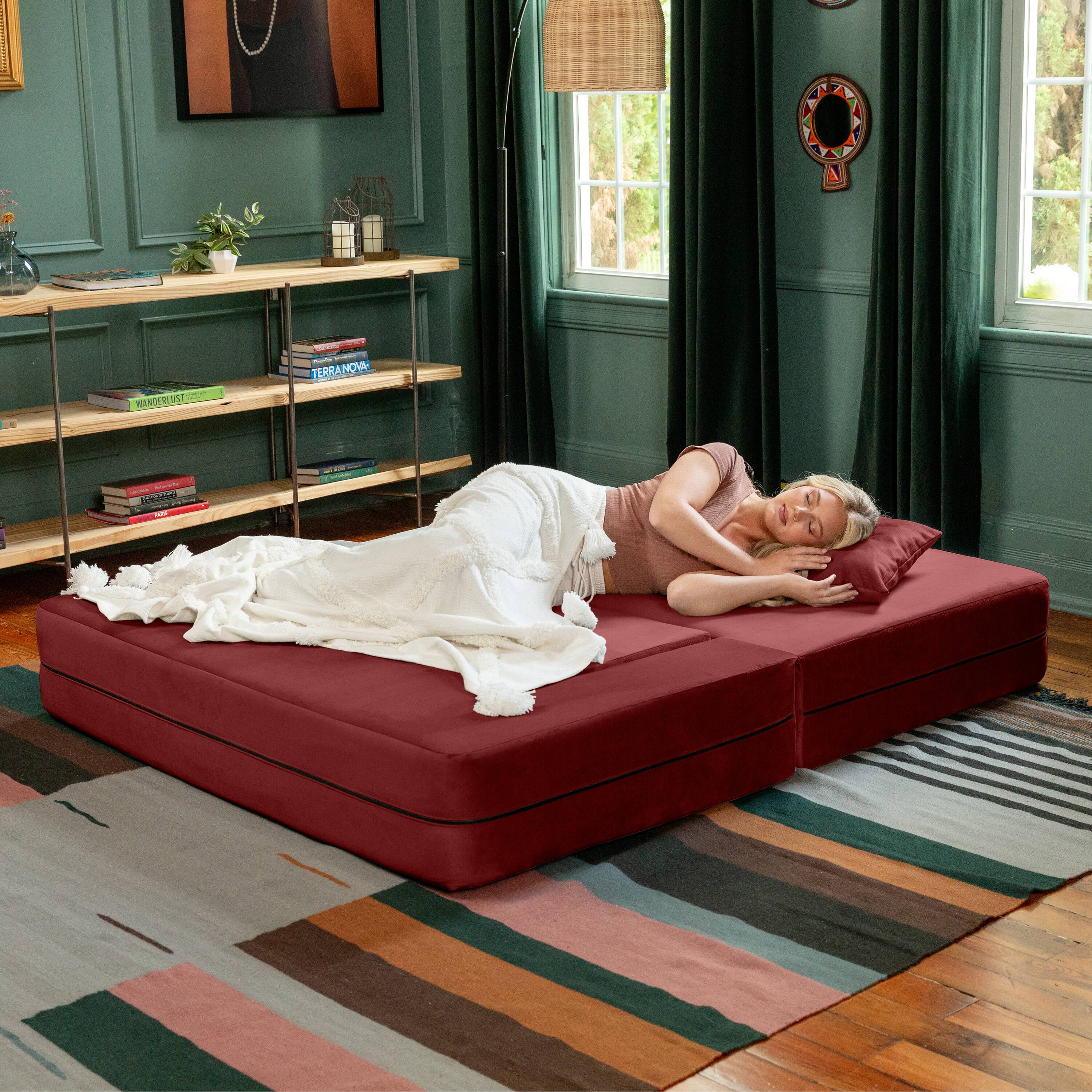 Alt View 2. Jaxx - Jaxx Zipline Convertible Sleeper Loveseat & Ottomans, Textured Microvelvet - Berry Red - Berry Red.