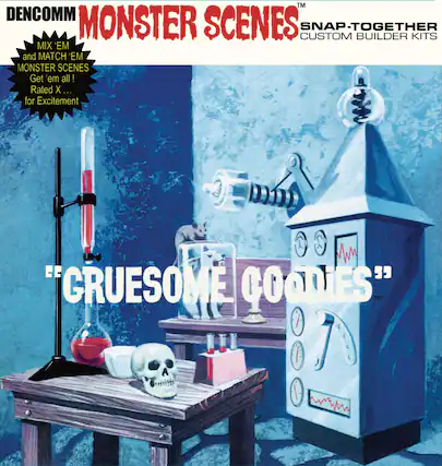DENCOMM
MONSTER SCENES™
SNAP-TOGETHER CUSTOM BUILDER KITS
MIX 'EM and MATCH 'EM
MONSTER SCENES
Get 'em all!
Rated X... for Excitement
"GRUESOME GOODIES"™