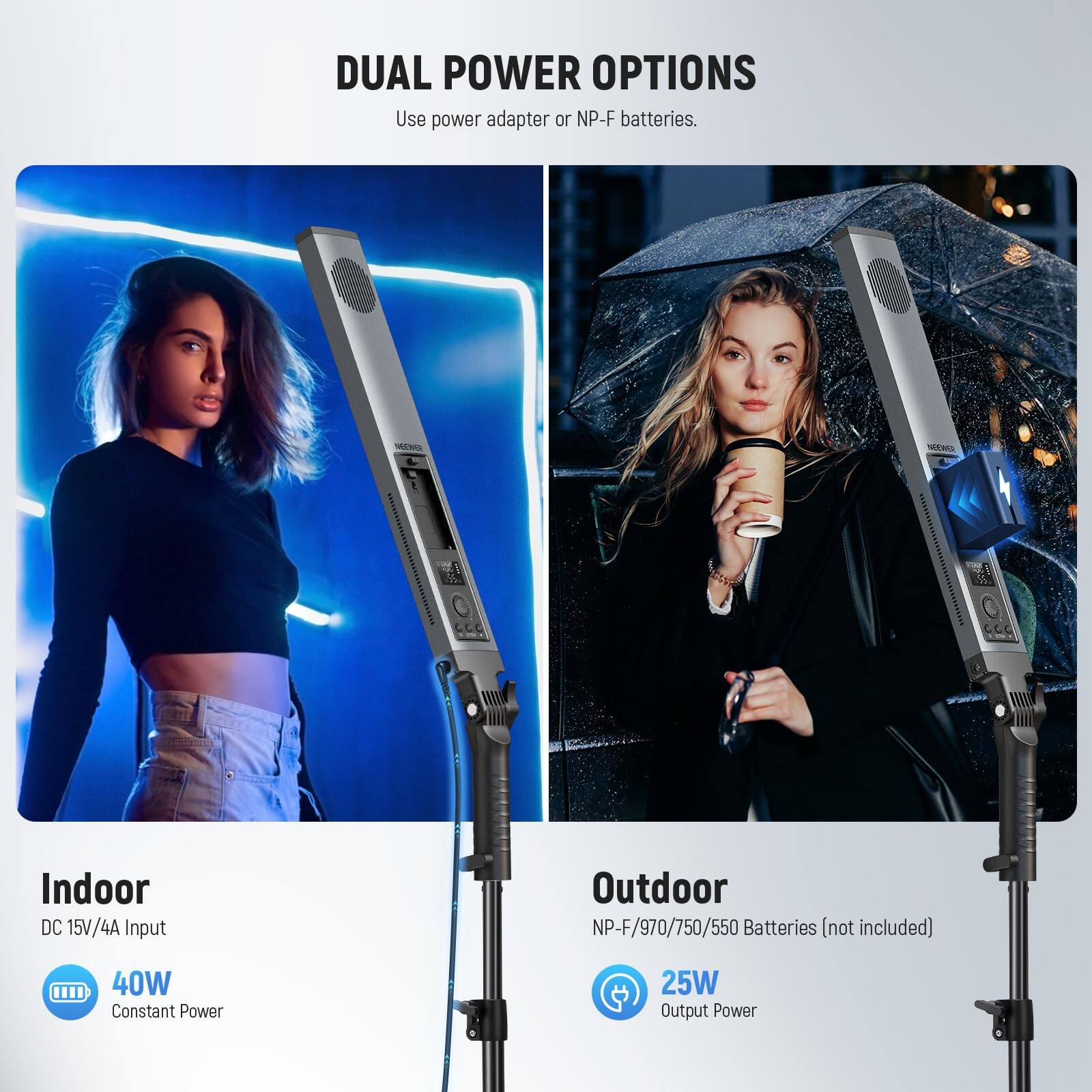 DUAL POWER OPTIONS  
Use power adapter or NP-F batteries.  

Indoor  
DC 15V/4A Input  
40W Constant Power  

Outdoor  
NP-F/970/750/550 Batteries (not included)  
25W Output Power