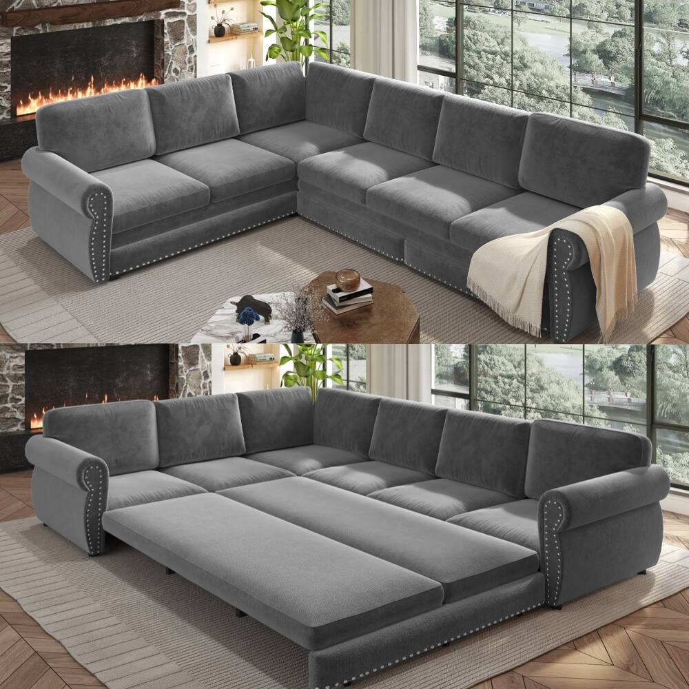 Front. Loheer - Loheer 118 Inch L-Shaped Sleeper Sofa Pull-Out Bed Light Grey - Light Grey.